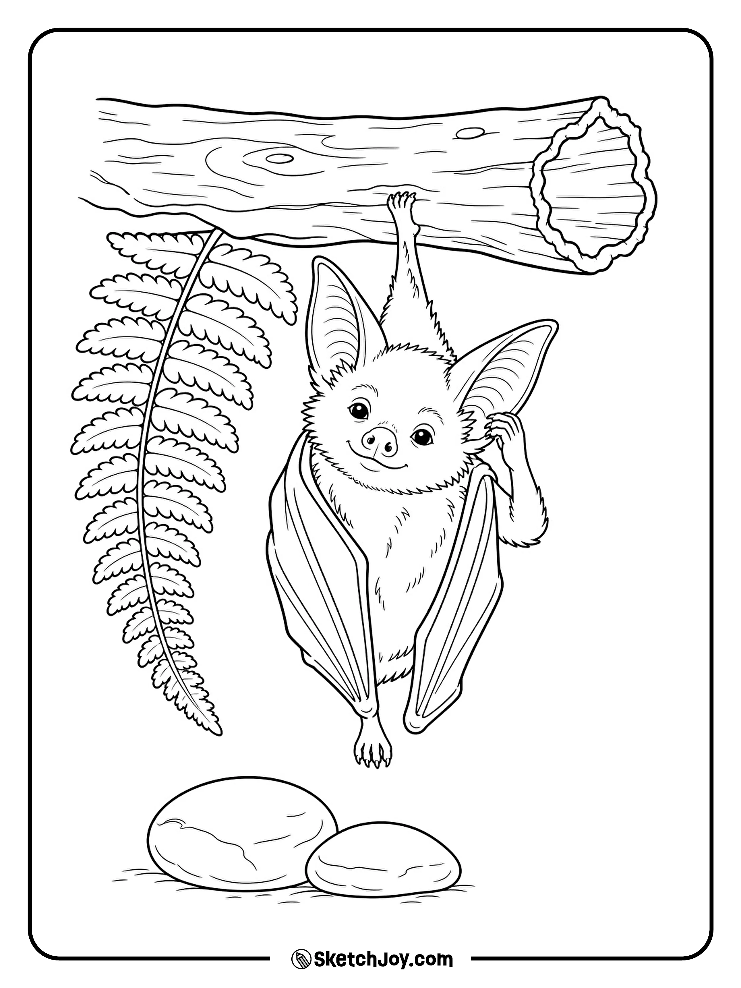 A hanging bat lifts one foot to scratch behind its ear.