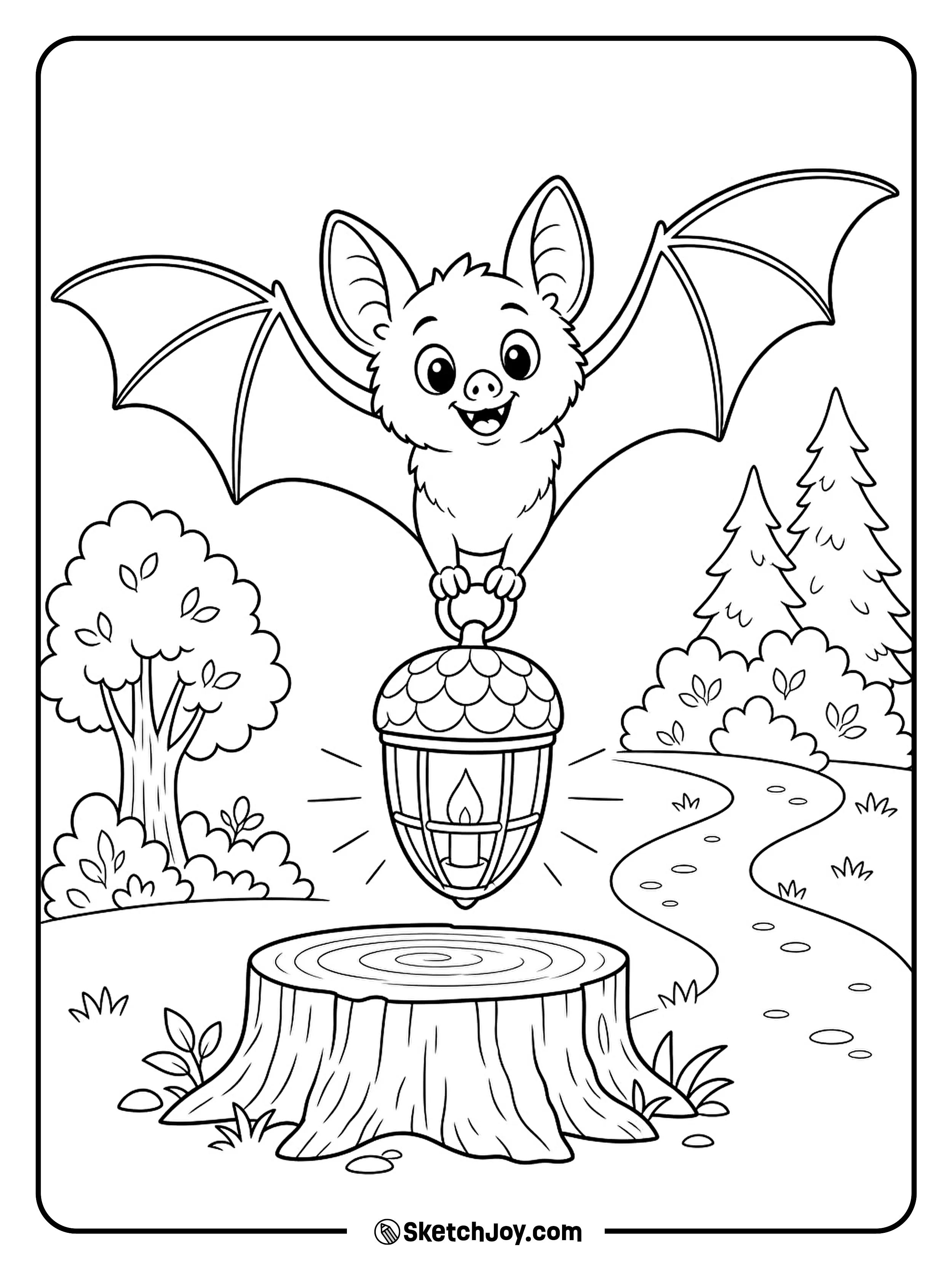 A bat carries an acorn lantern toward a waiting tree stump.