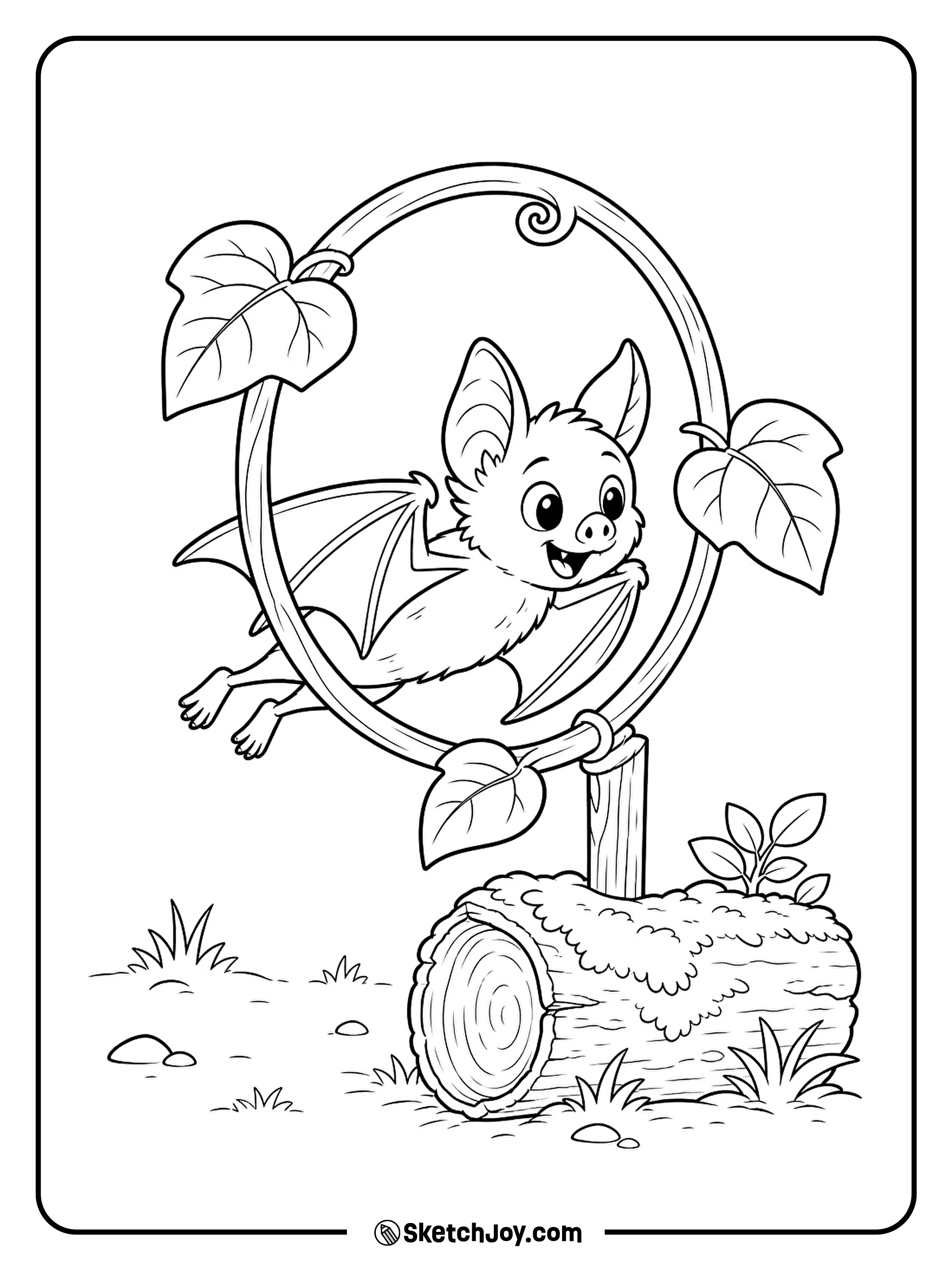 A young bat folds its wings to slip through a leafy hoop.