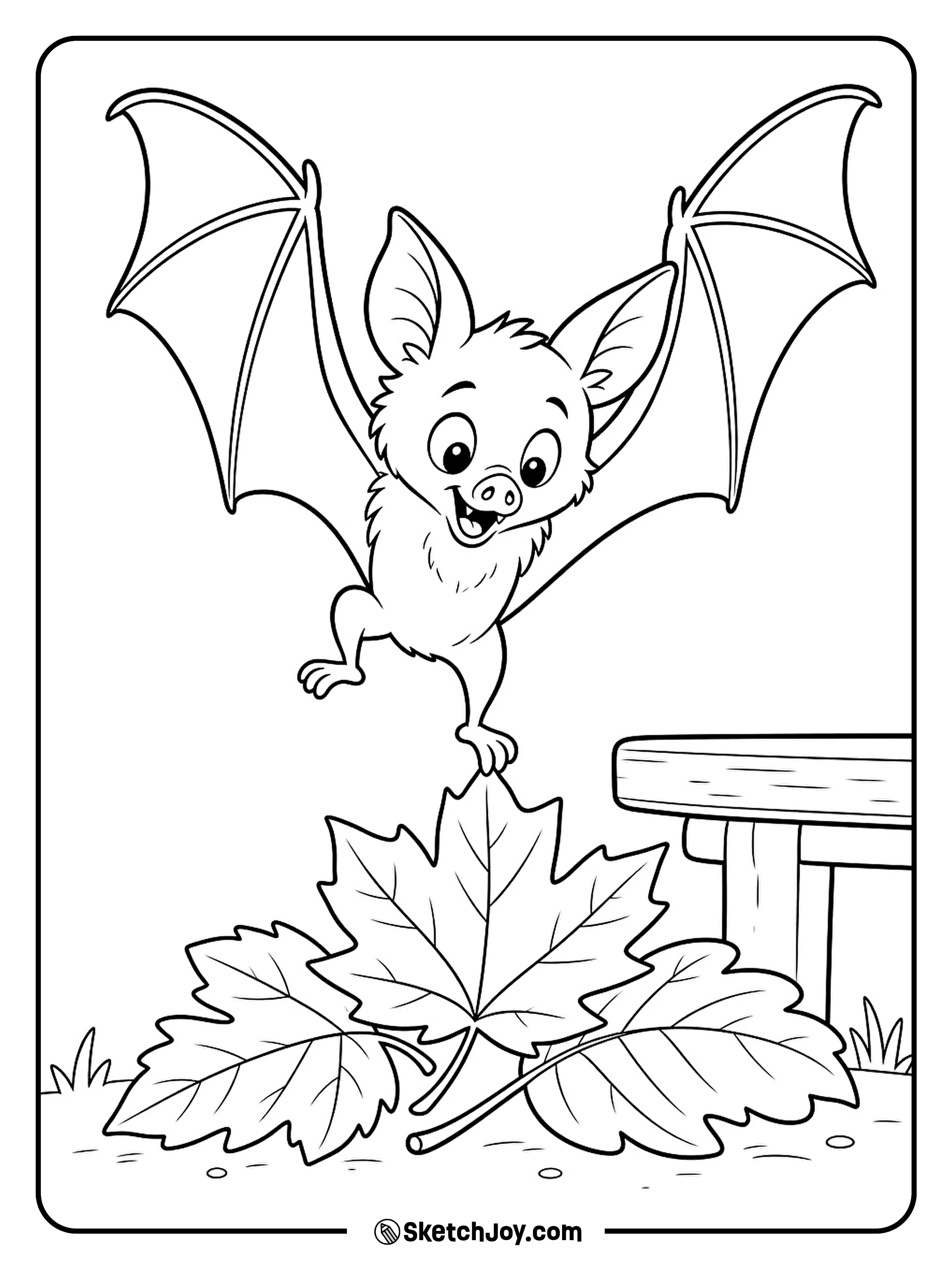 Wings spread wide as a small bat lands on a soft pile of fall leaves.