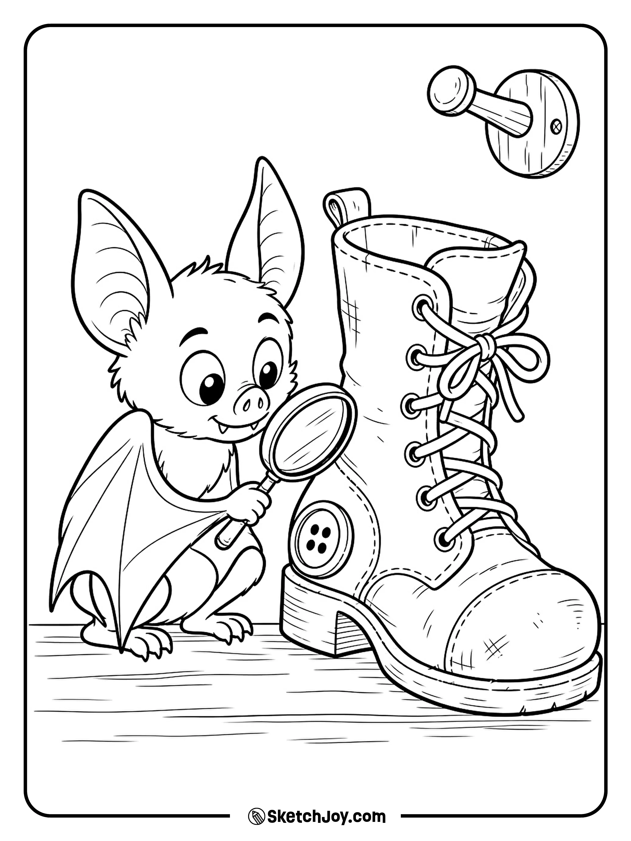 A curious bat checks beside an old boot for a missing button.