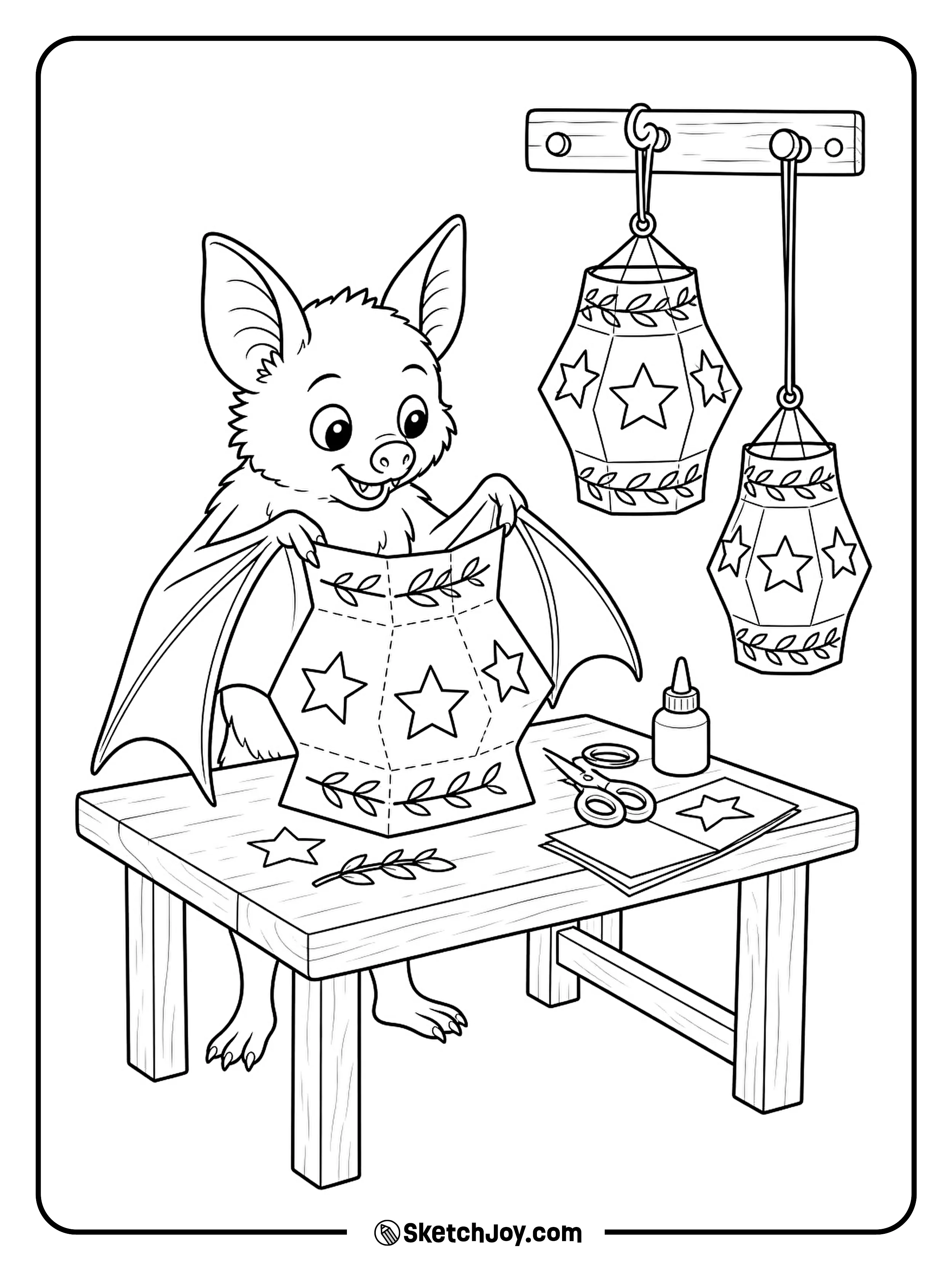 A bat folds a star-patterned sheet into a hanging lantern.