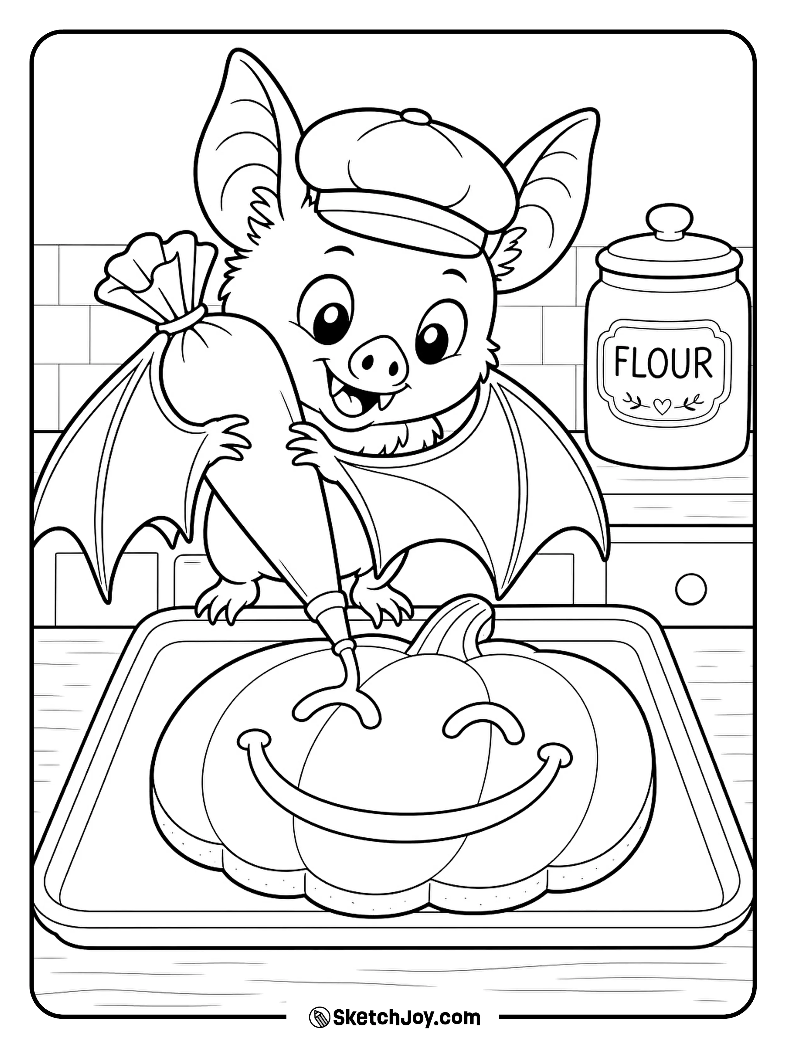 A little baker bat adds a happy face to a pumpkin cookie.