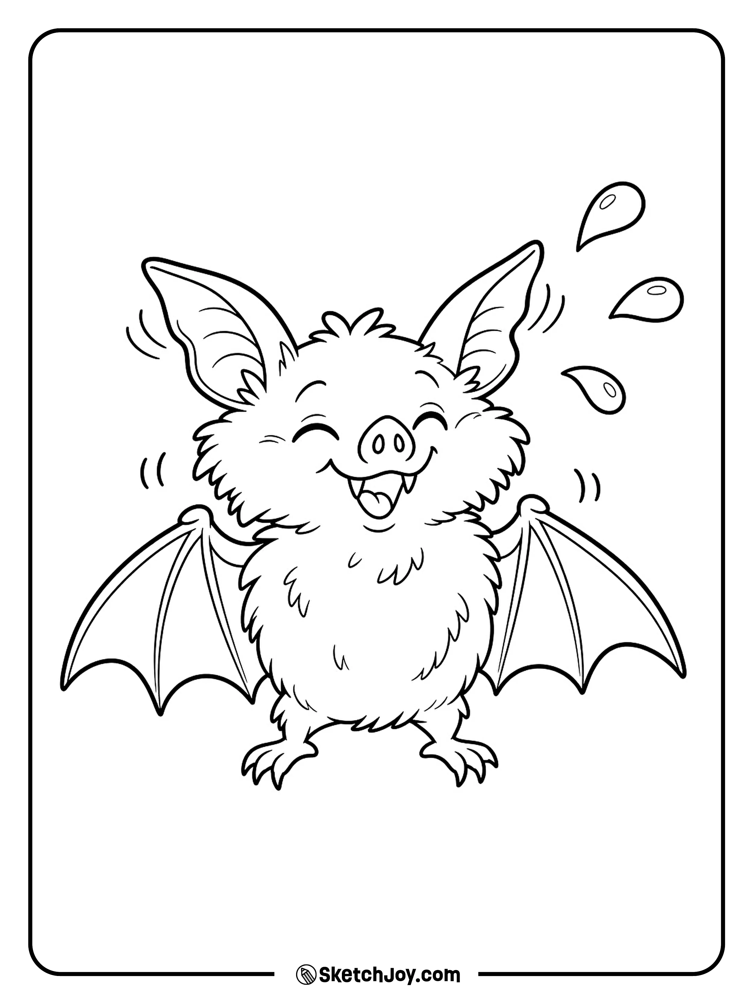 Three big raindrops fly off a bat as it shakes its wings.