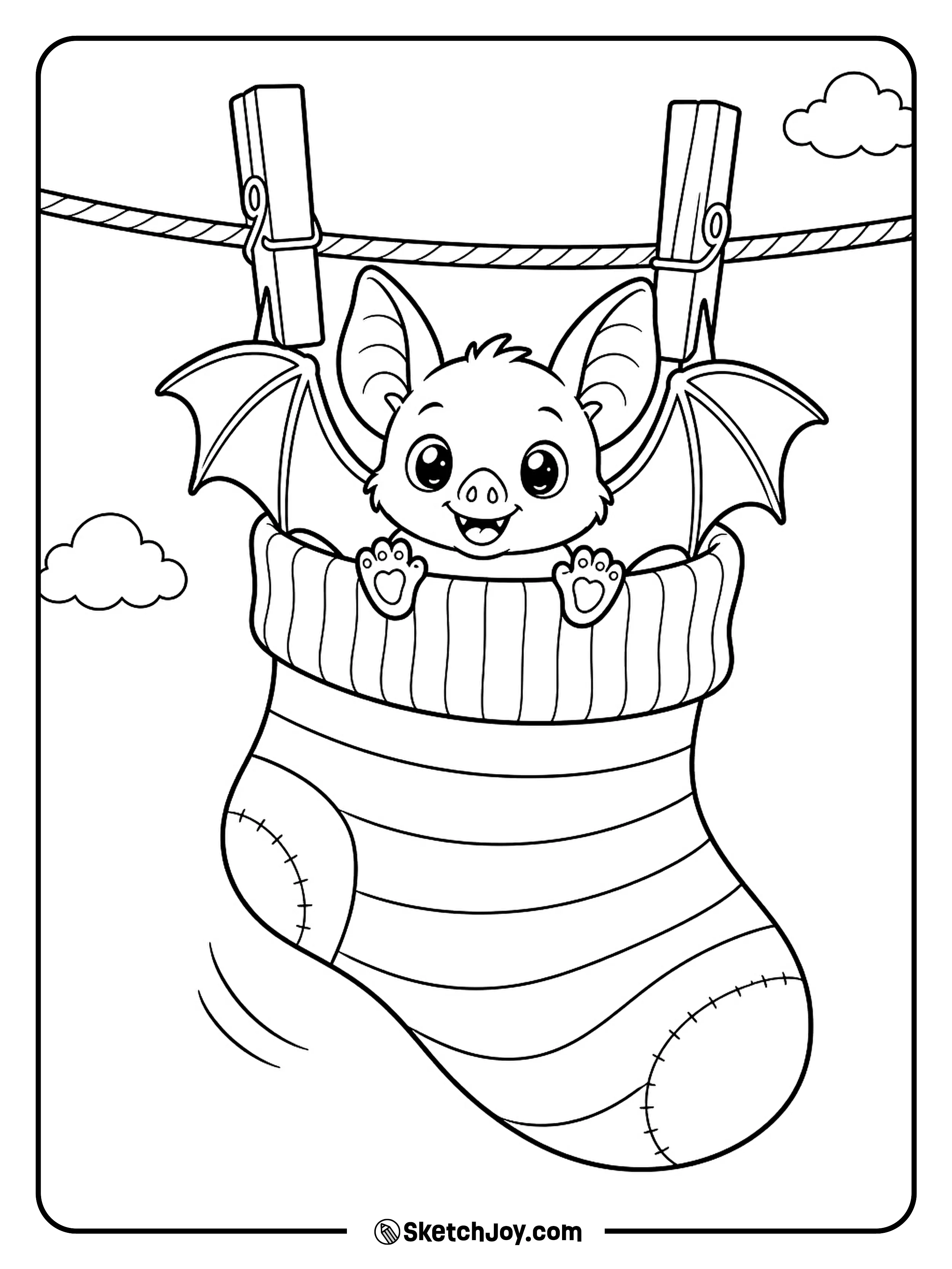 A striped sock becomes a cozy swing for a little bat.