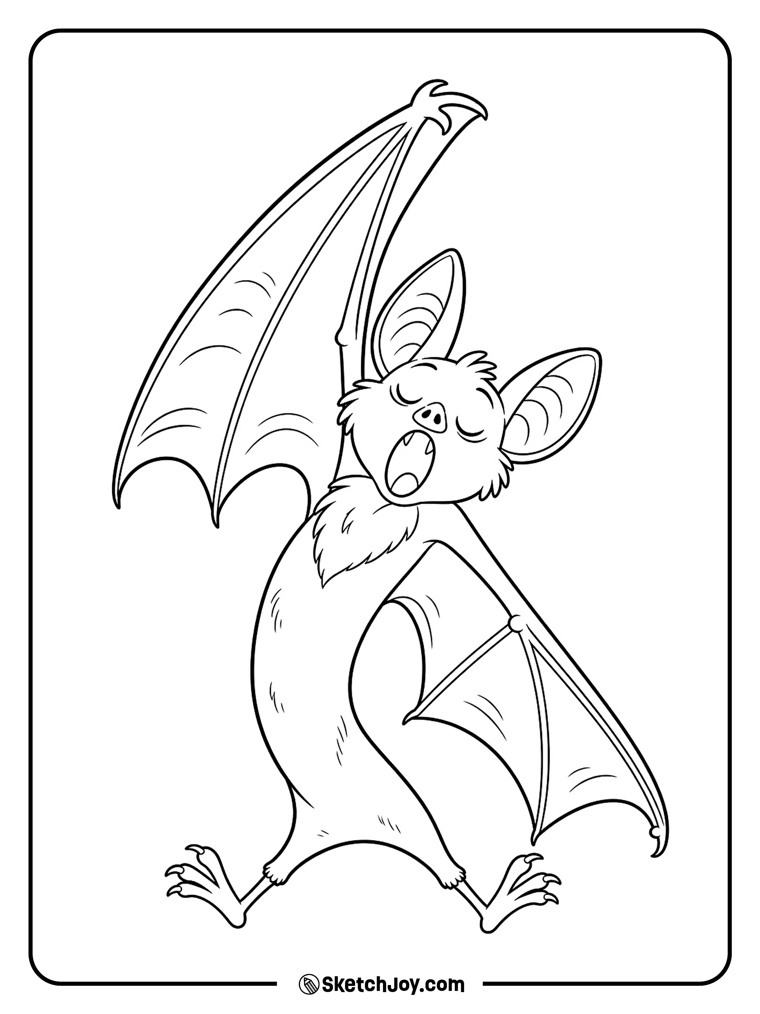 One wing reaches high while a yawning bat stretches the other low.
