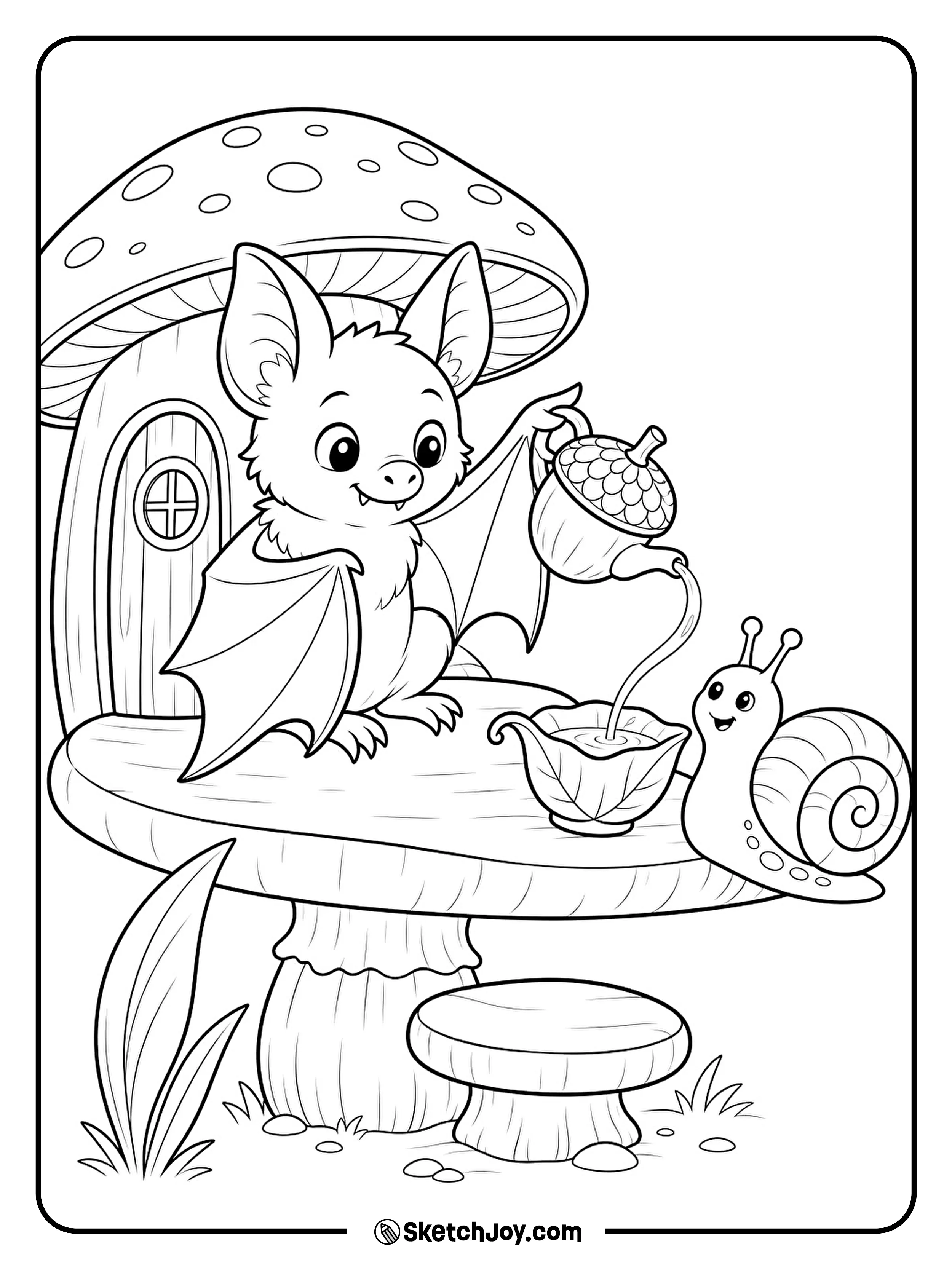 Tea pours into a tiny cup as a bat shares a break with a snail.