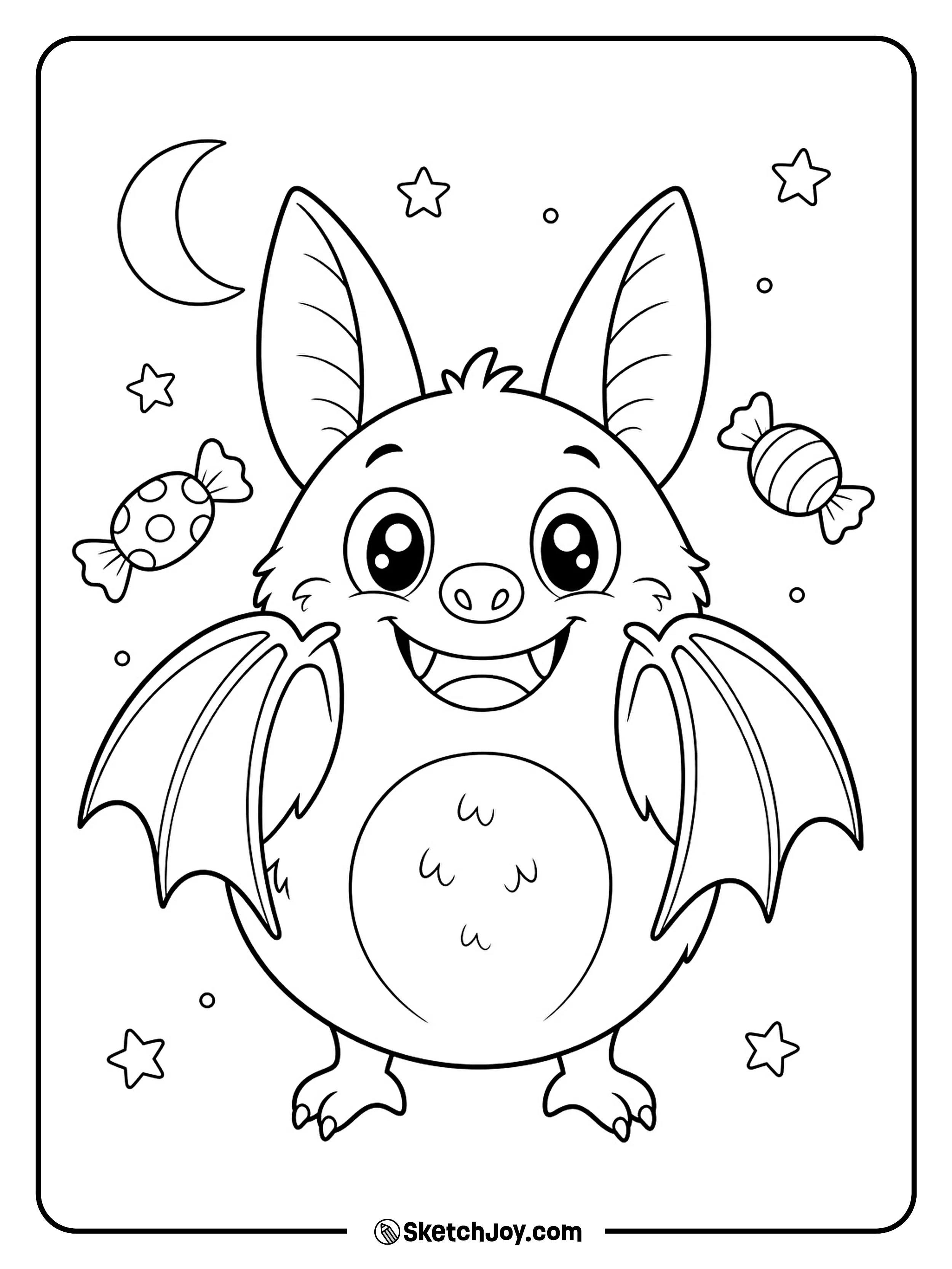 Two little fangs peek from a playful bat's wide grin.