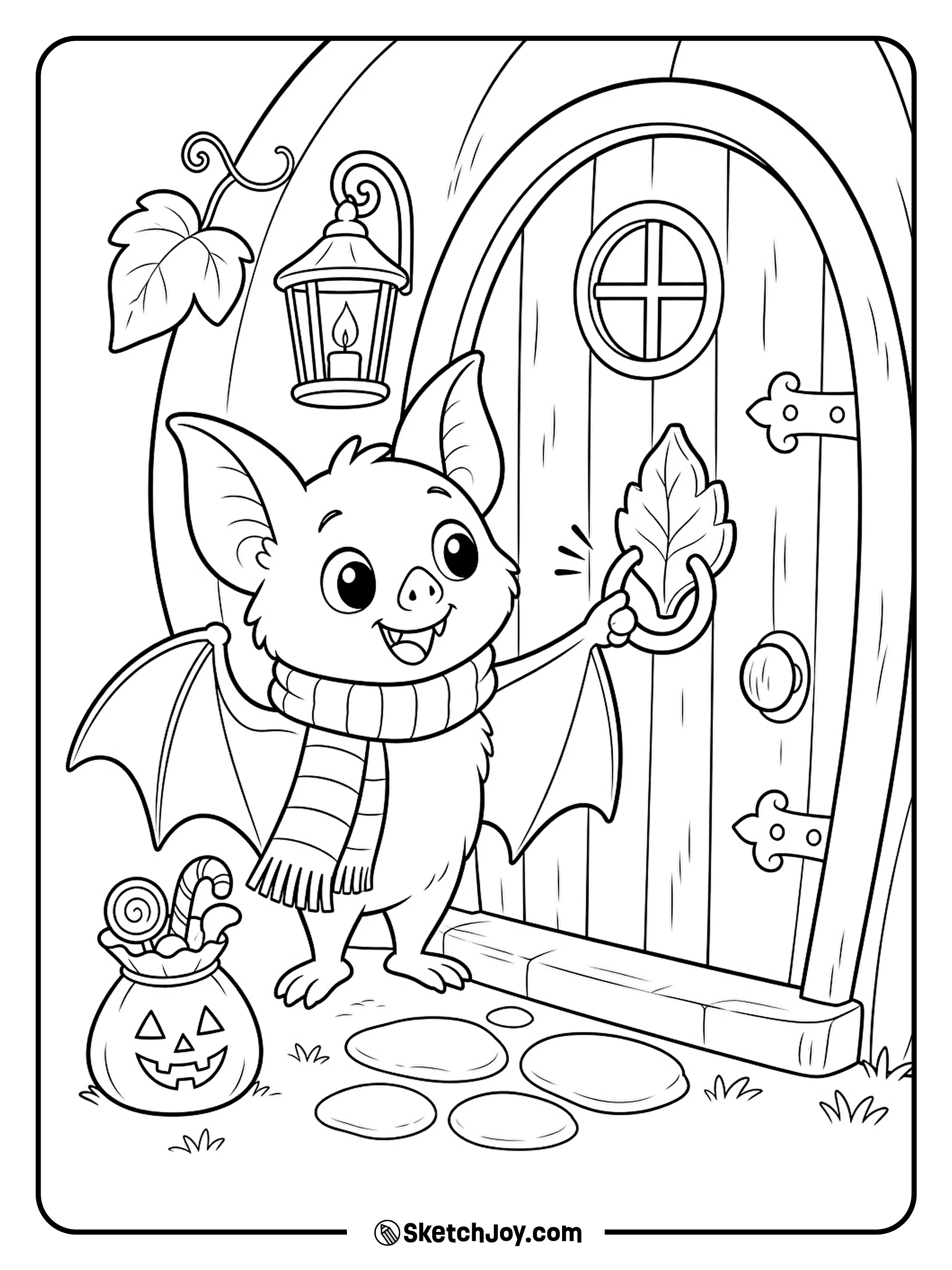 A dressed-up bat knocks on a pumpkin door with its candy bag nearby.