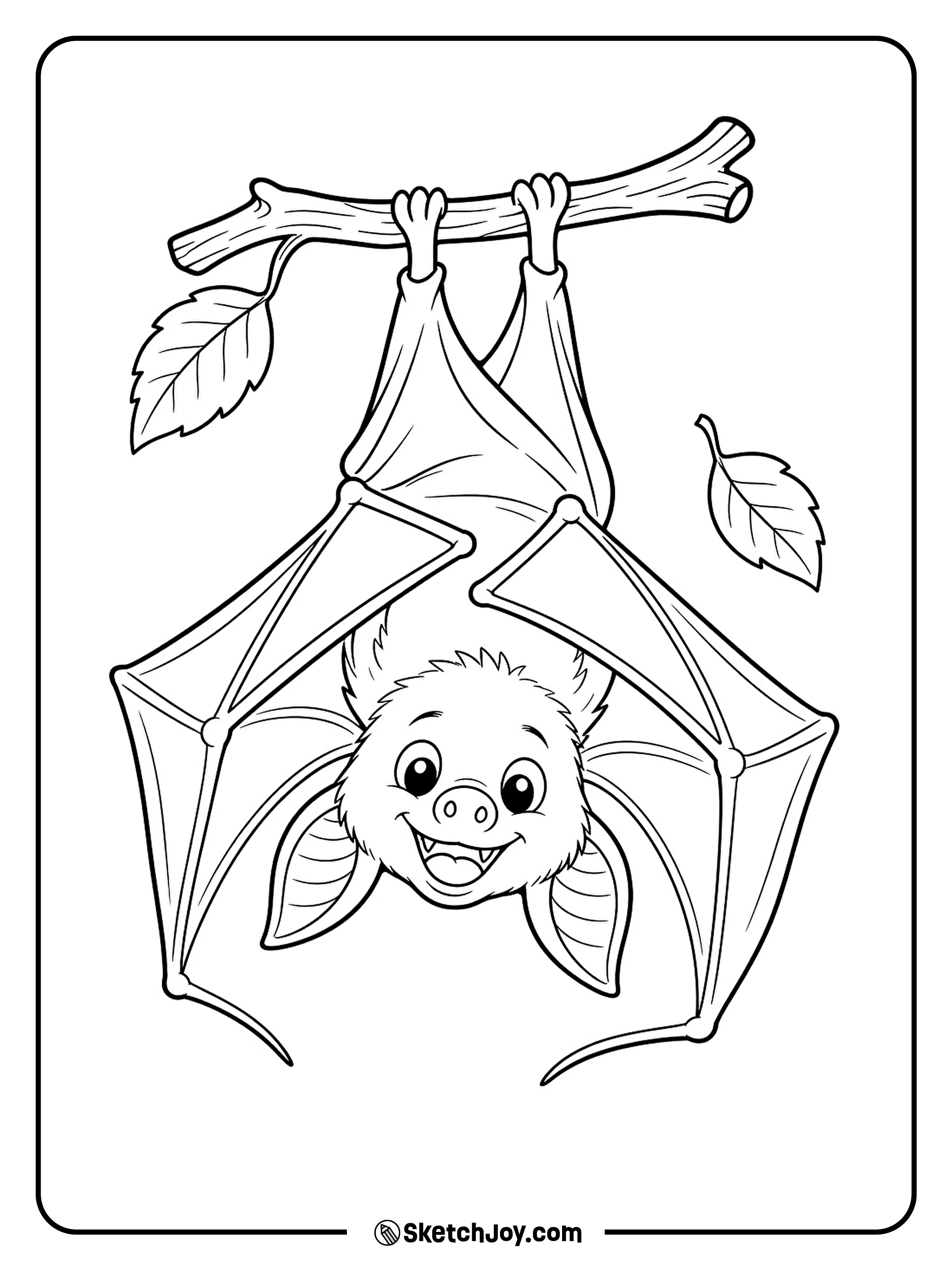 Hanging from a bent twig, a happy bat opens its wings halfway.