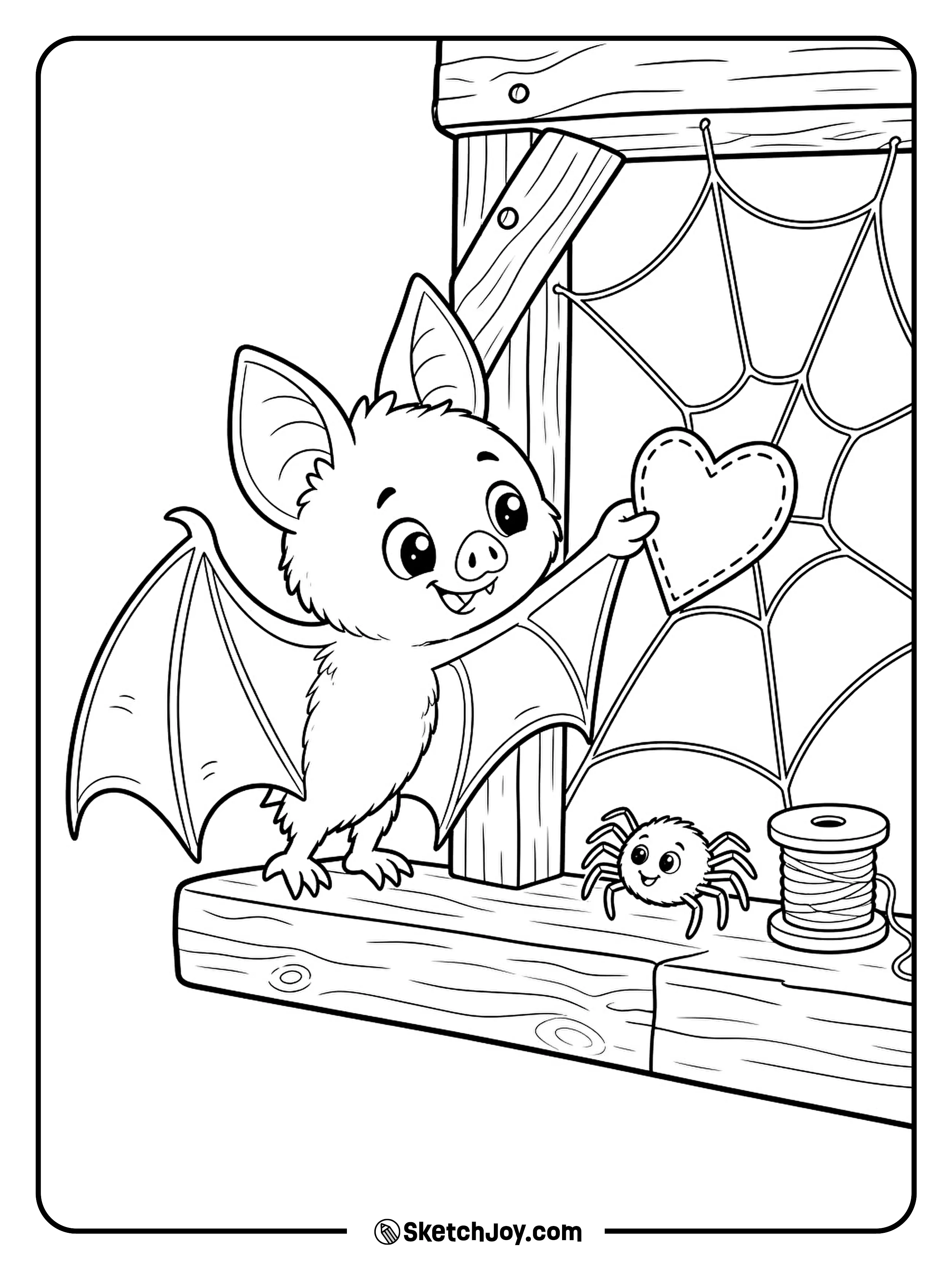 A helpful bat presses a heart patch over a hole in a spider's web.