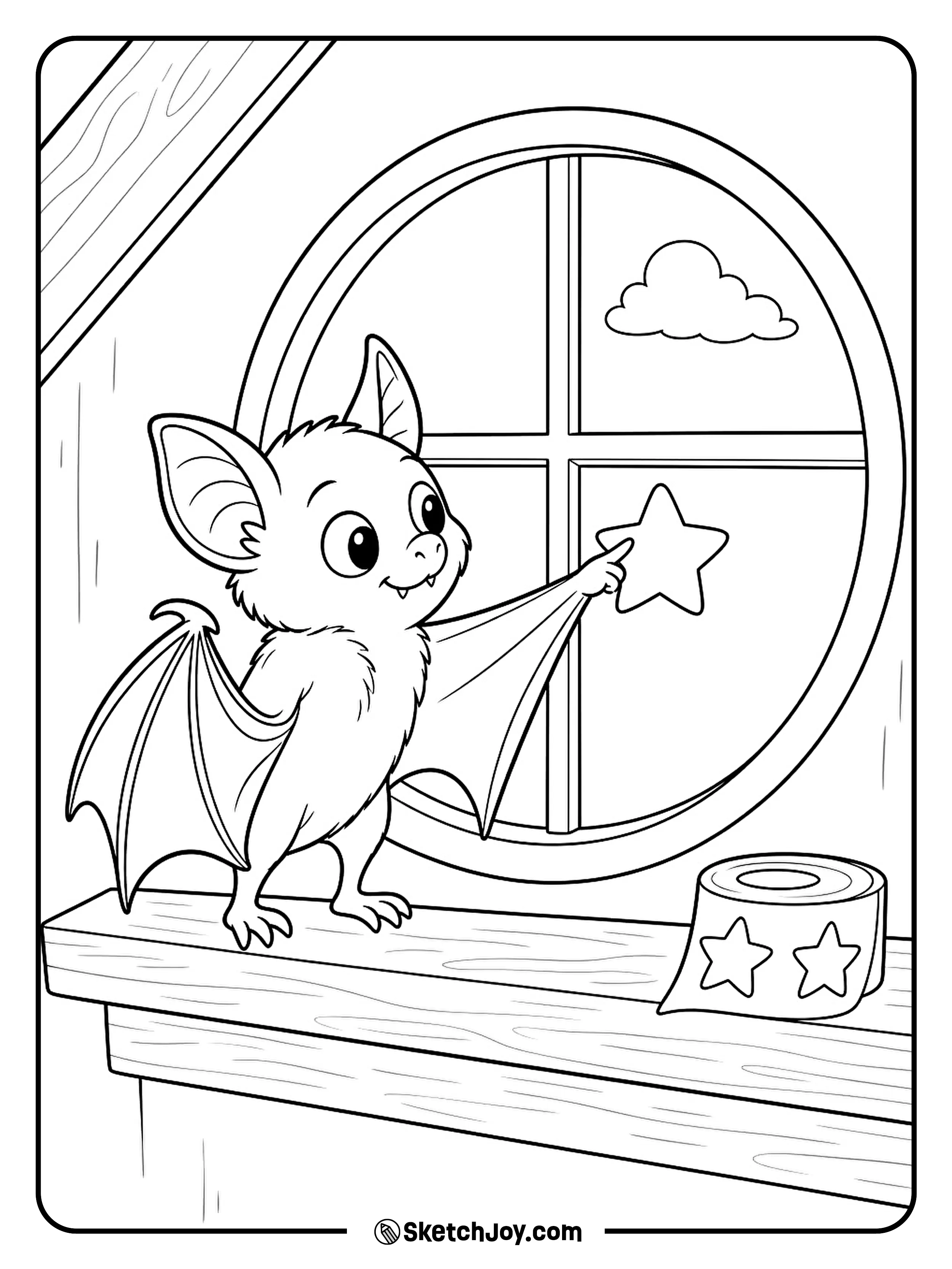 A bat presses a large star sticker onto its round attic window.