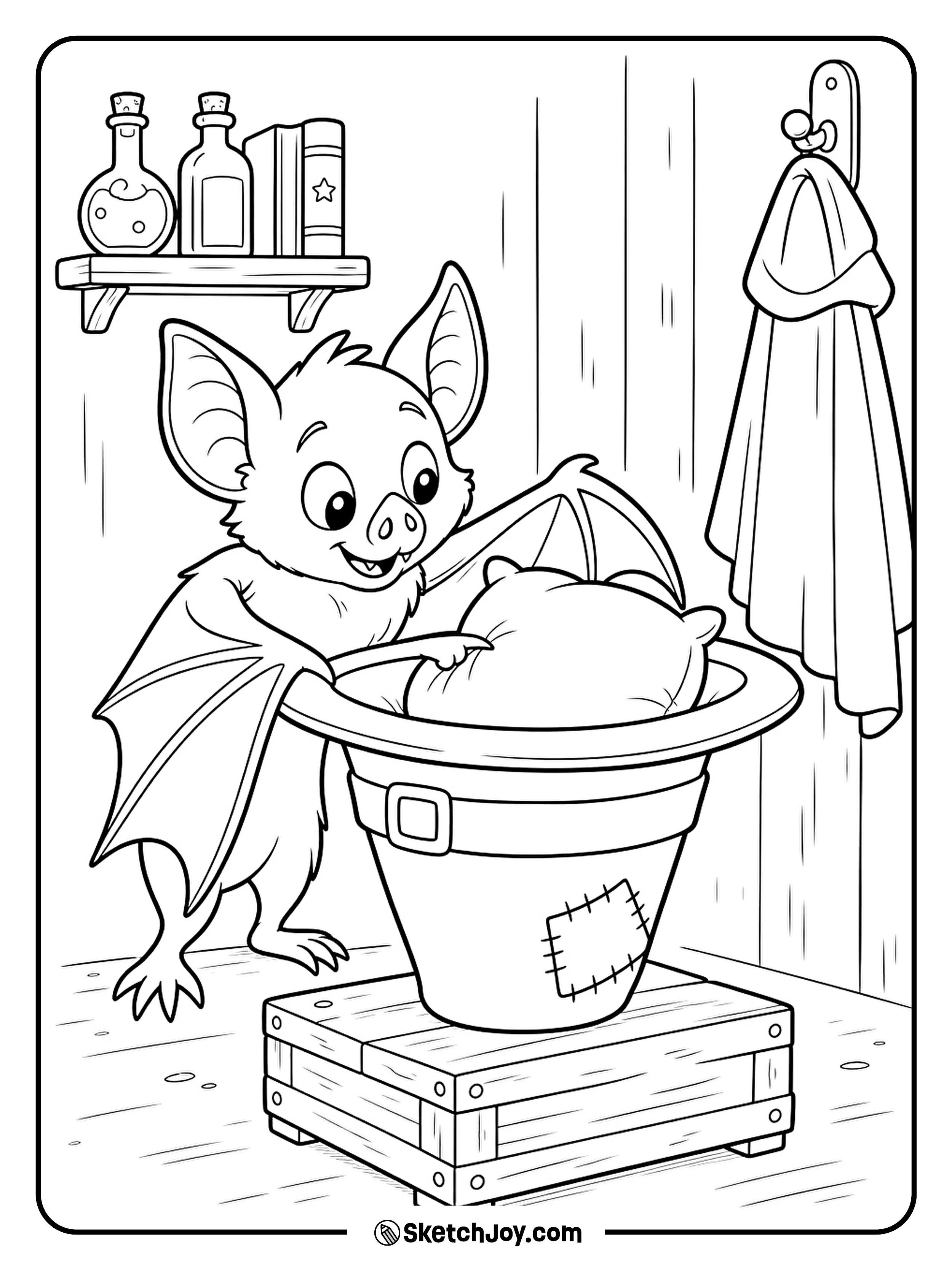 An upside-down witch hat makes a soft bed for a busy little bat.