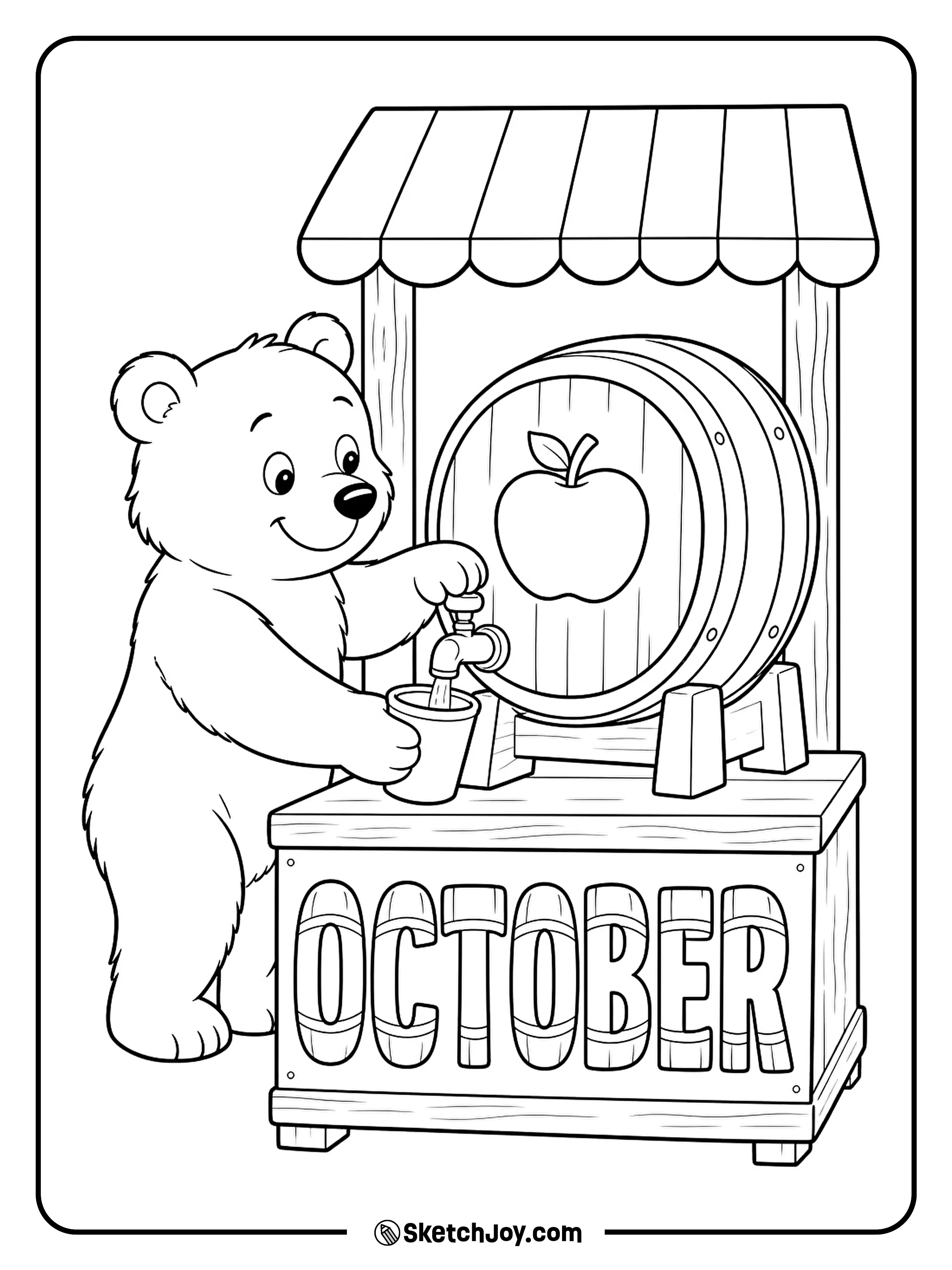 A bear fills a small cup from a cider barrel at a quiet fall stand.