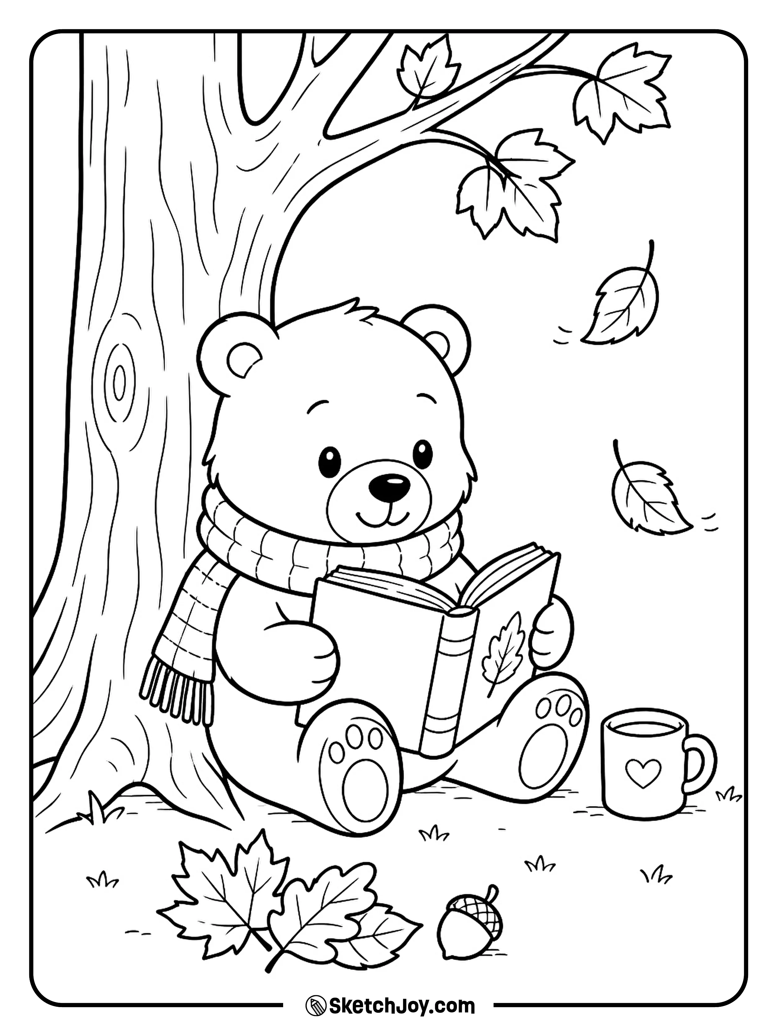 A little bear reads a book under a tree while leaves drift around him.