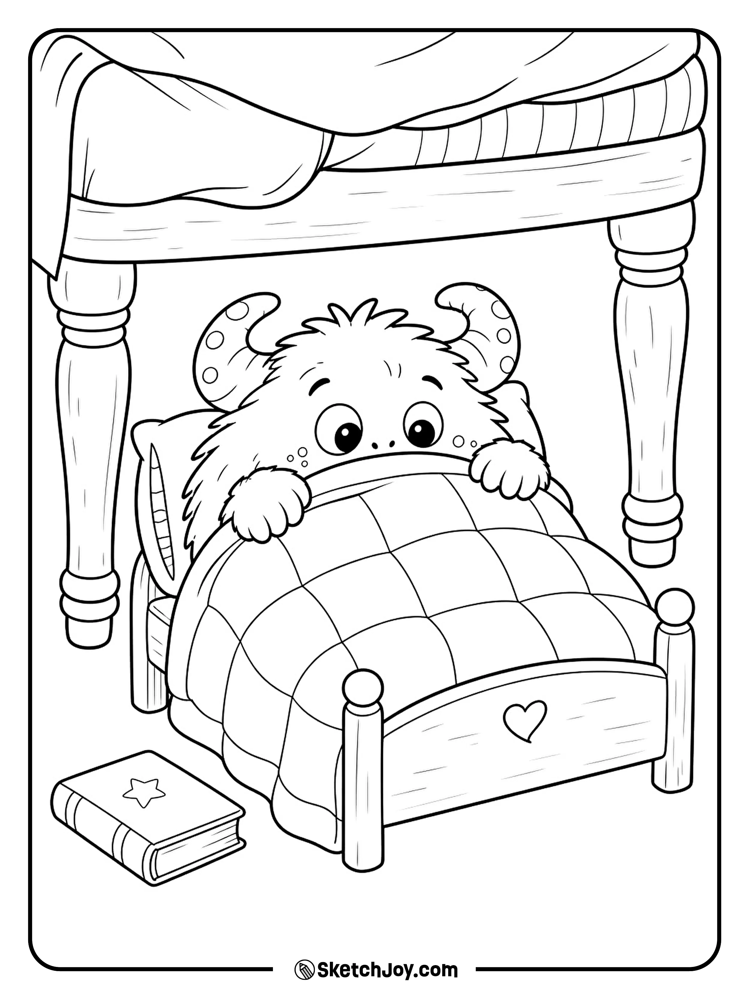 A small monster pulls a quilt over its own bed beneath a larger bed.