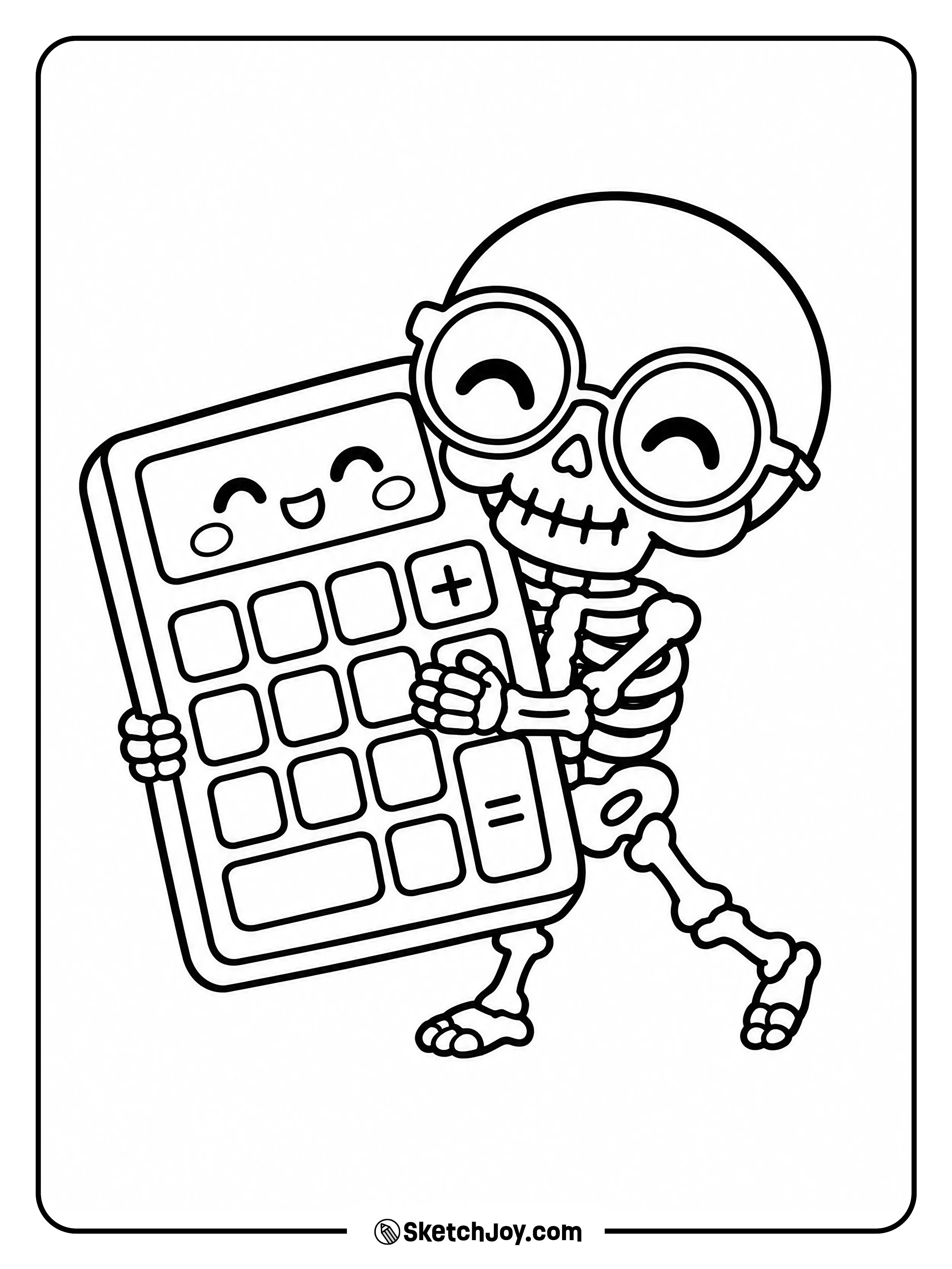 A cheerful skeleton with round glasses hugs a giant calculator with a happy face.