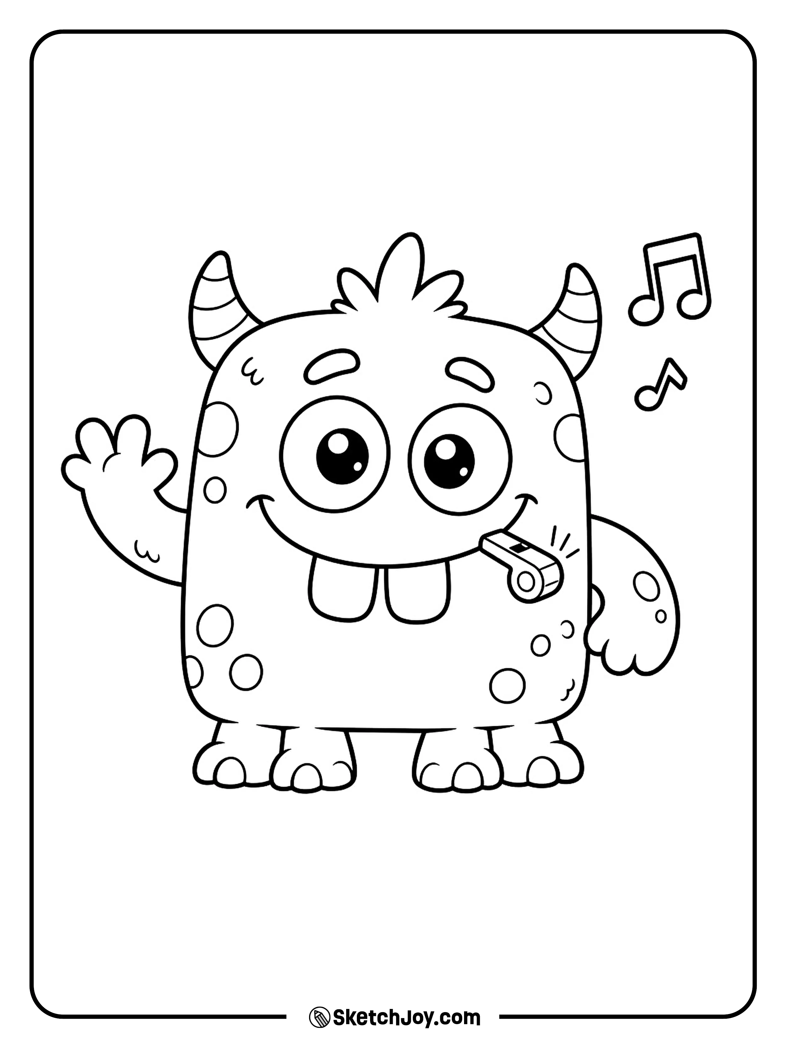 A toothy little monster blows a tiny whistle with a proud smile.