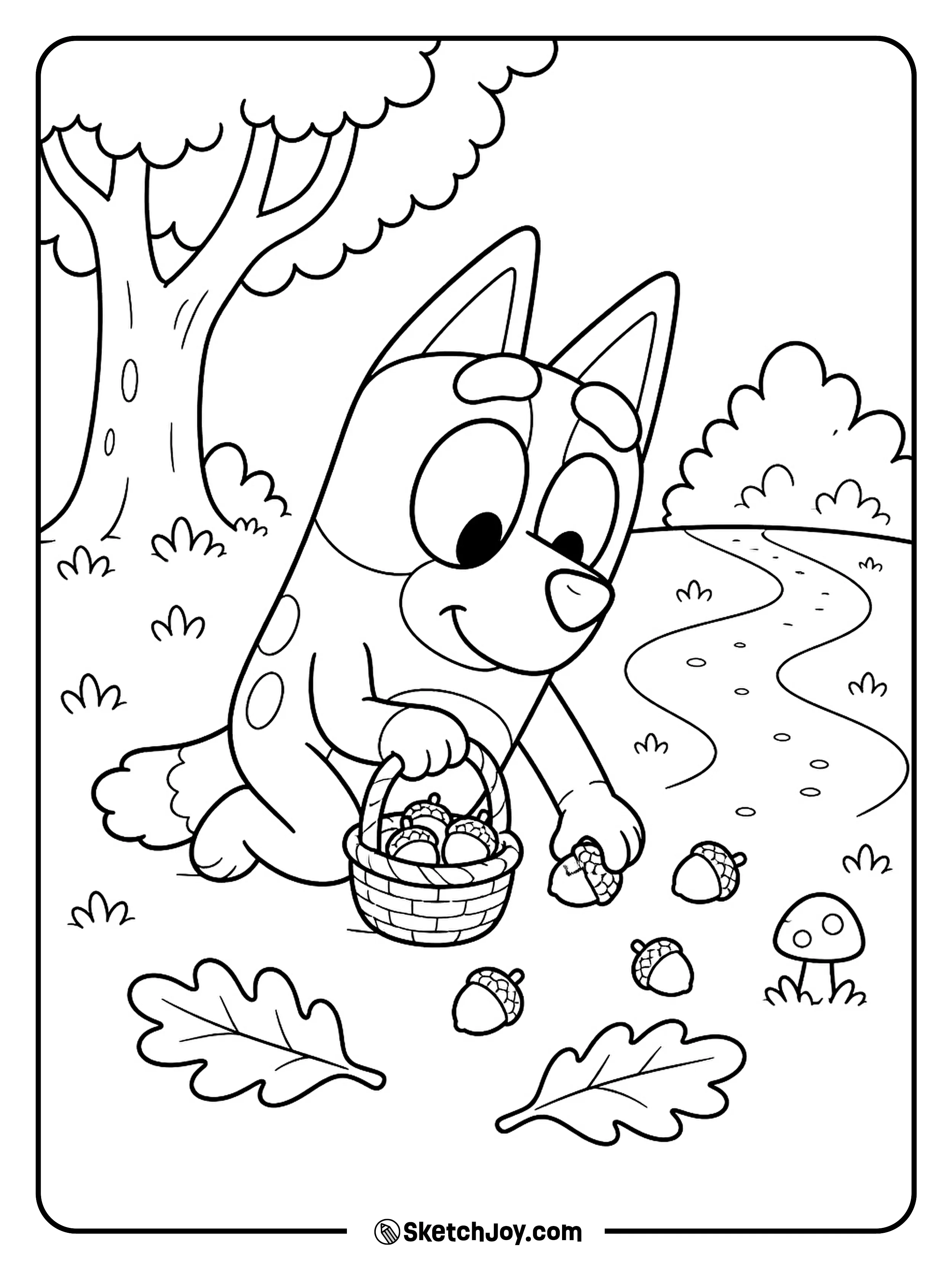 Bingo happily gathers acorns in a tiny basket.