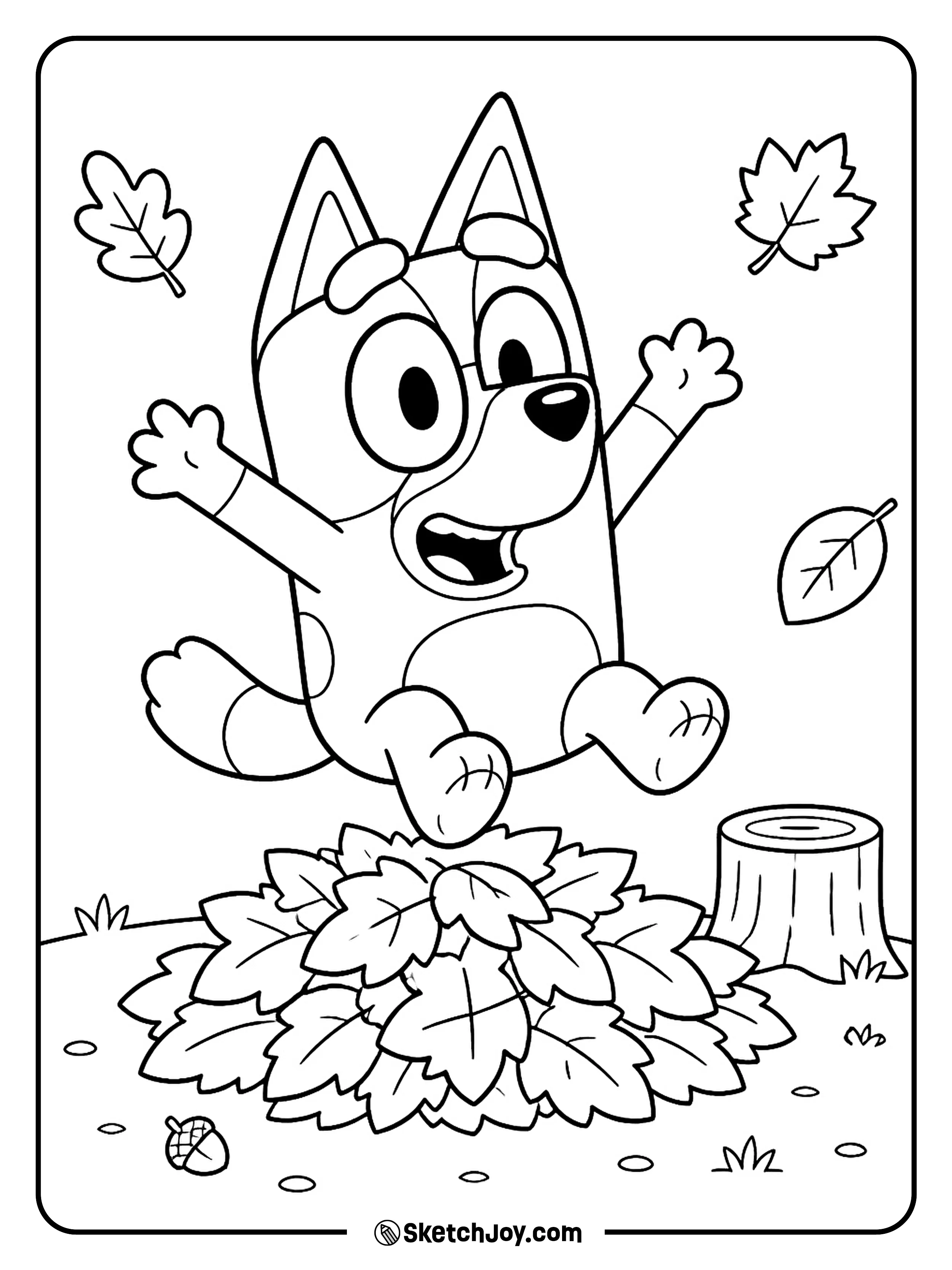 Bluey jumps into a leaf pile and smiles on a cool fall day.