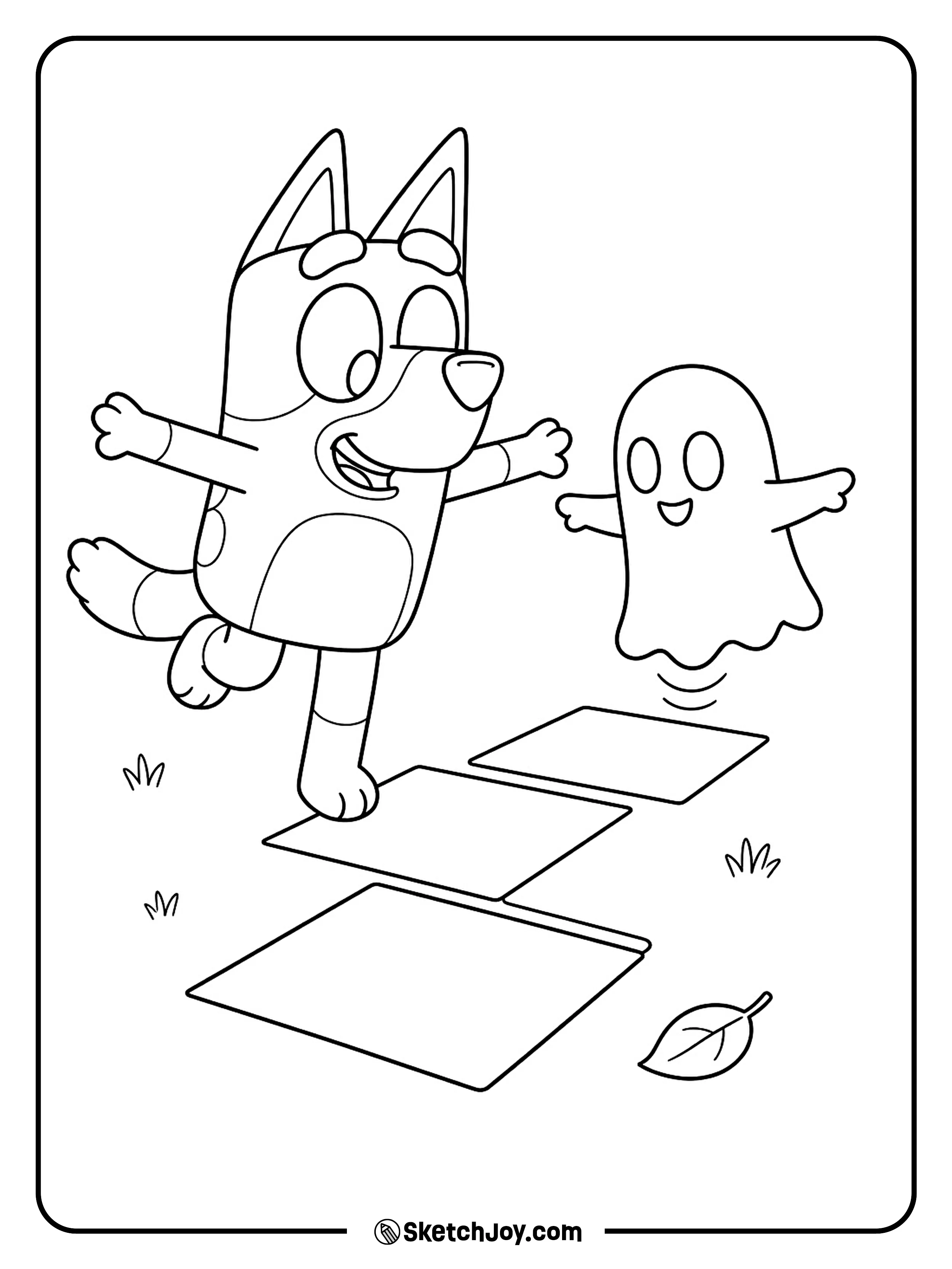 Bluey shows a little ghost how to hop across a chalk game.