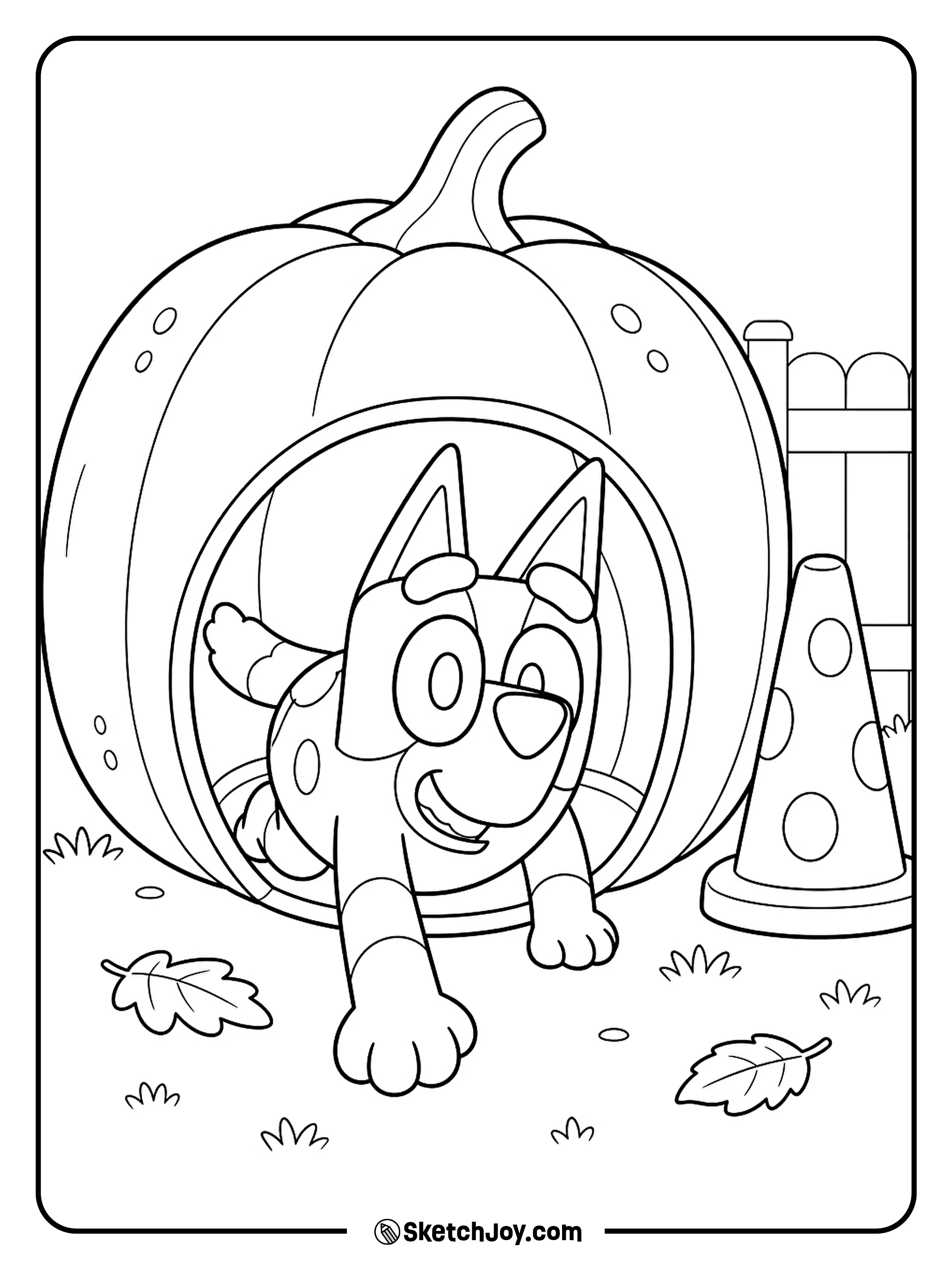 Bluey crawls through a giant pumpkin tunnel during a backyard game.