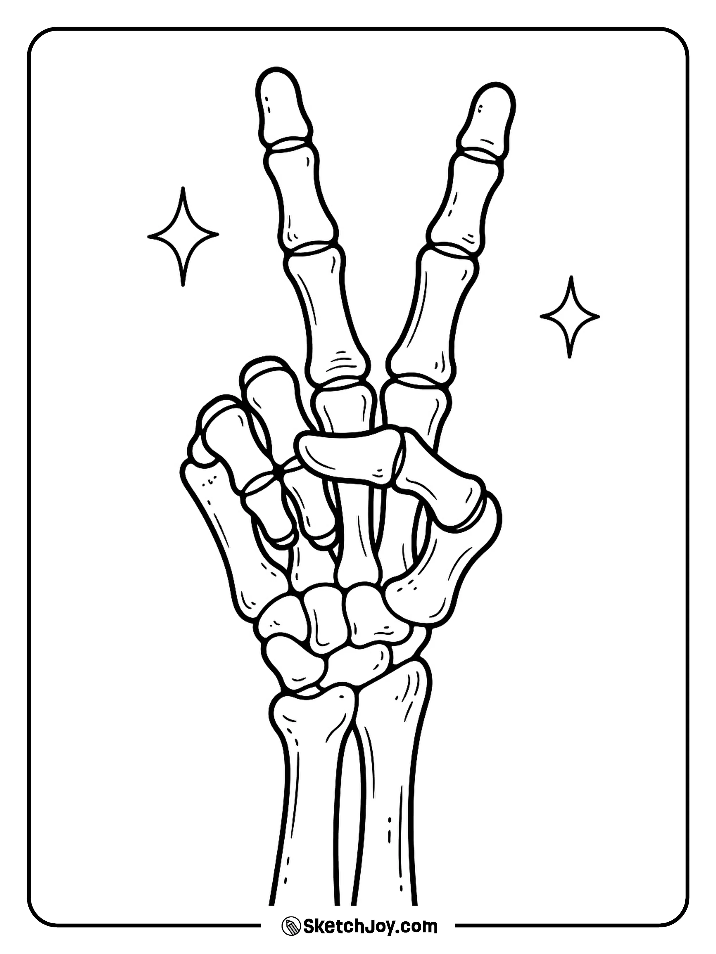 Two bony fingers form a friendly peace sign above a simple skeleton wrist.
