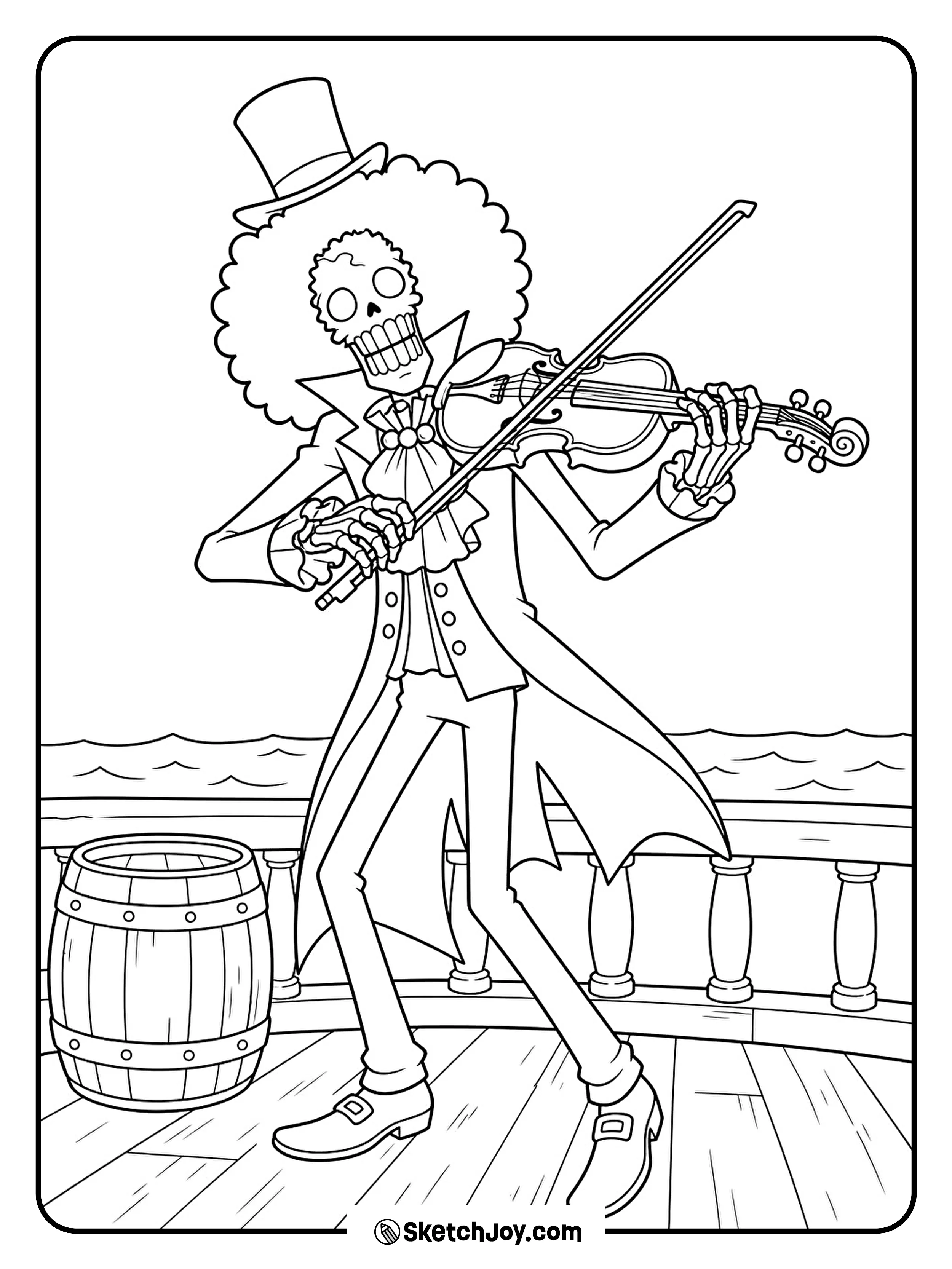 Brook draws his bow across a violin beside a barrel on the ship's deck.