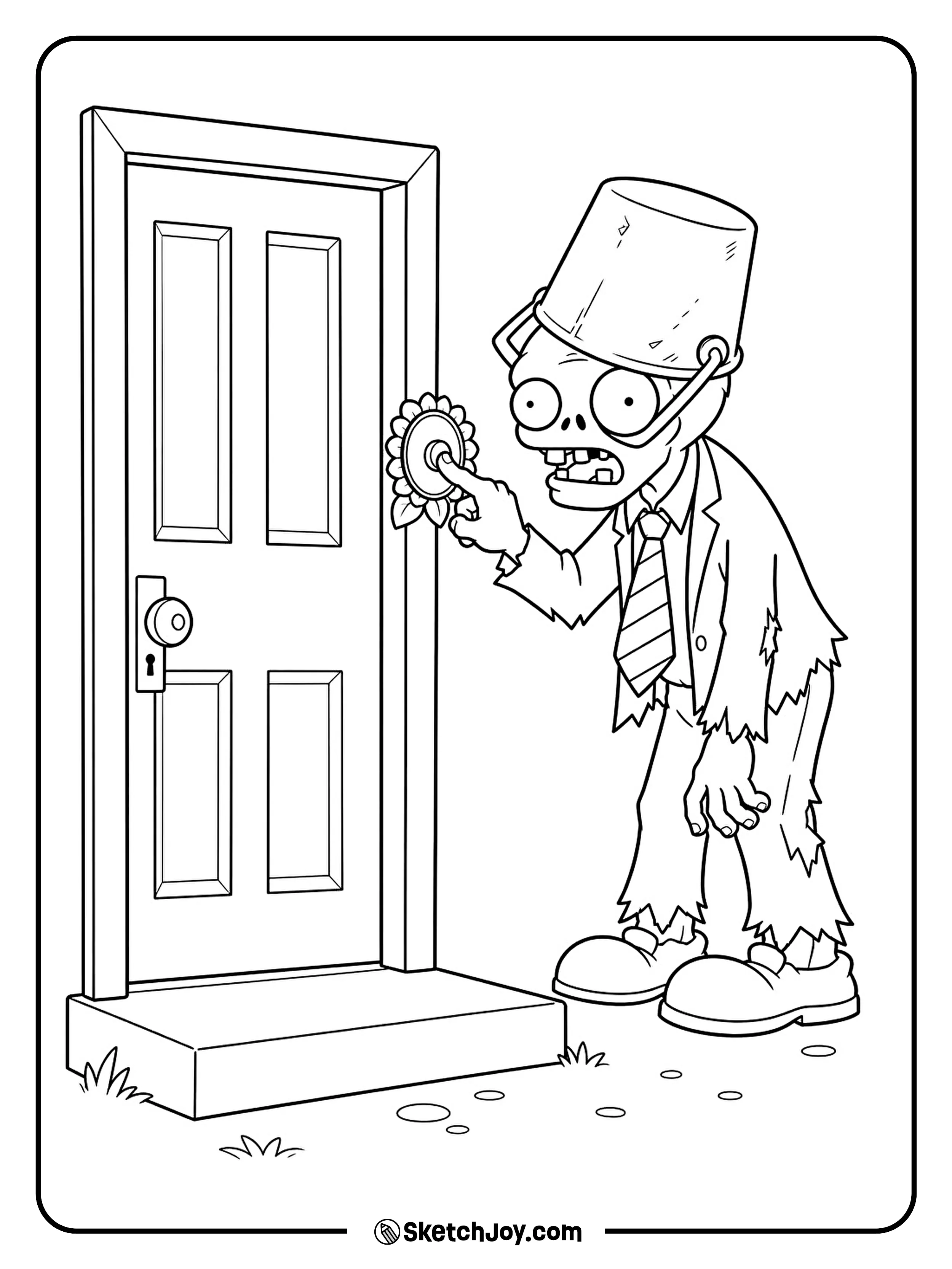 Buckethead Zombie presses a round doorbell while his bucket helmet tilts sideways.