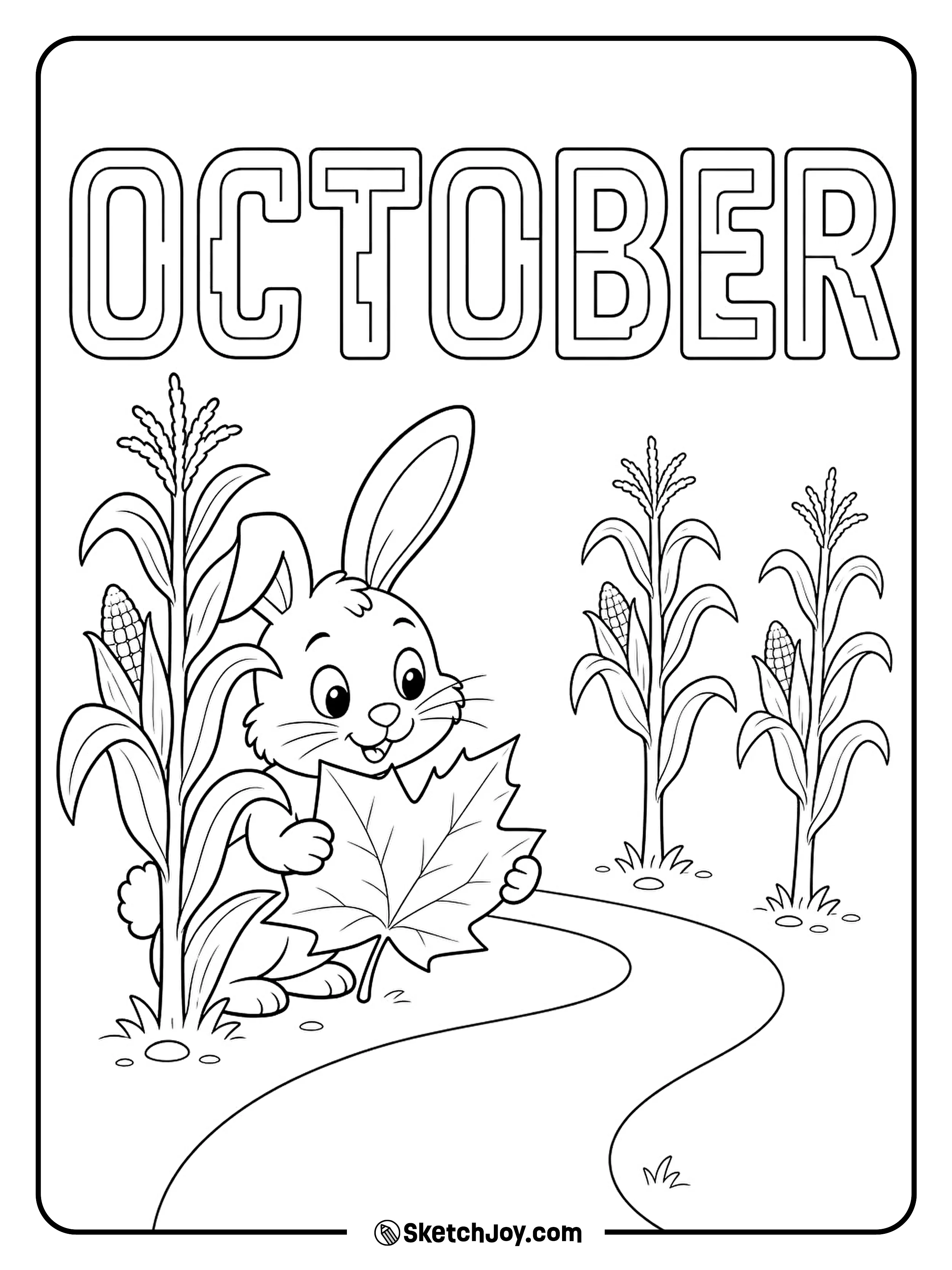 A bunny peeks around a corn maze bend while holding a leaf like a tiny map.