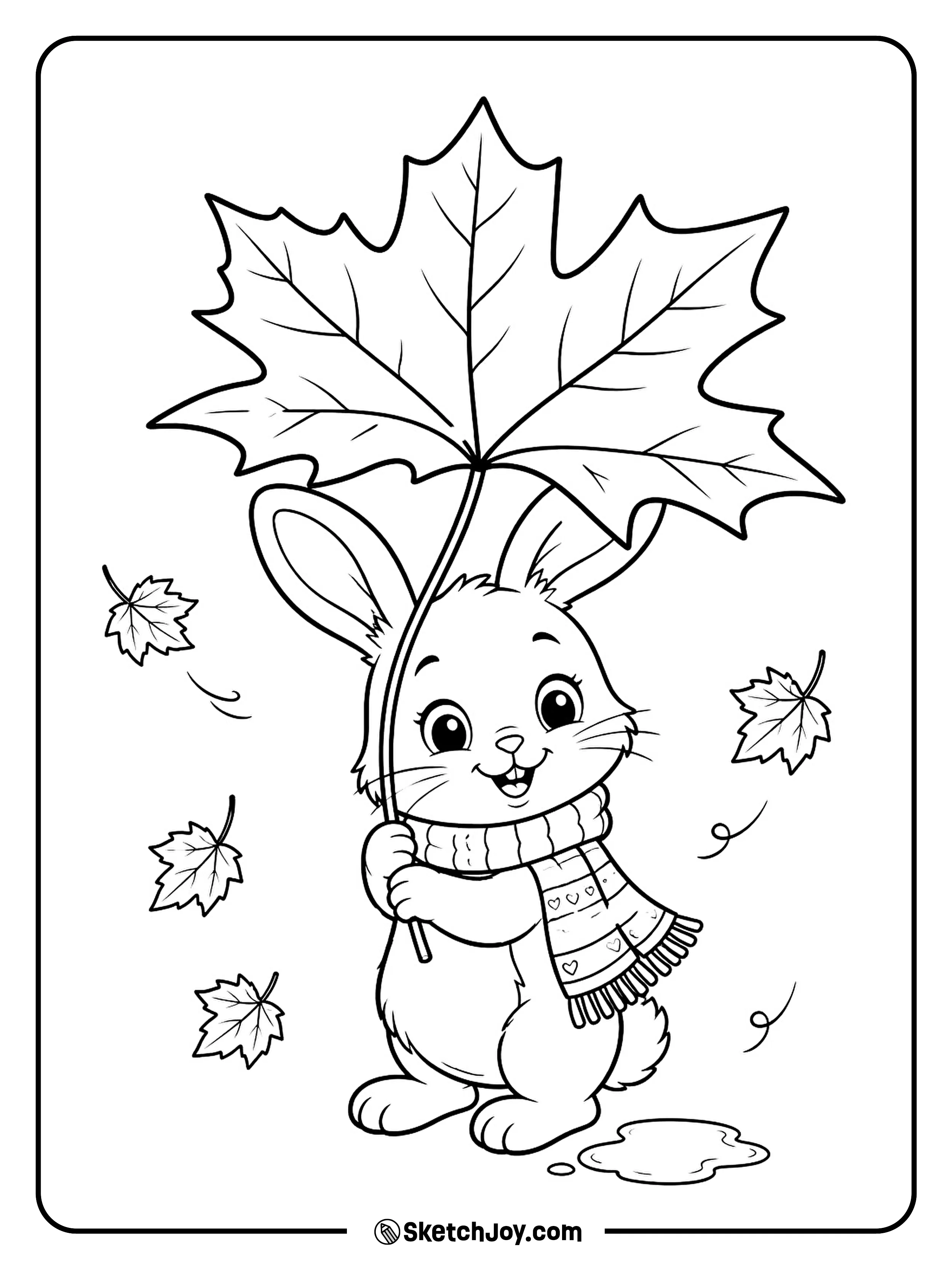 A little bunny holds a giant leaf above its head on a breezy fall day.