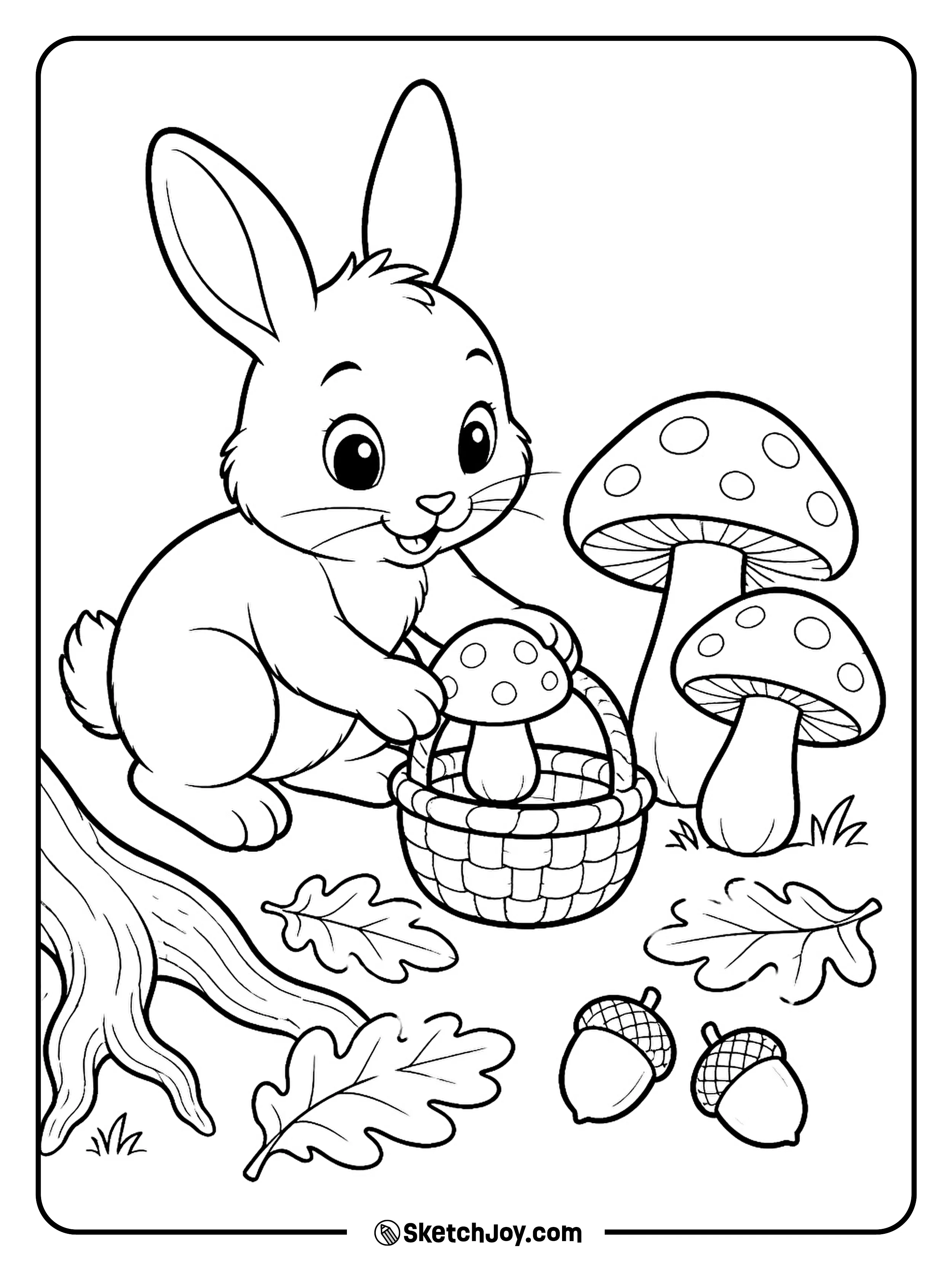 A little rabbit gathers woodland mushrooms into a small basket.