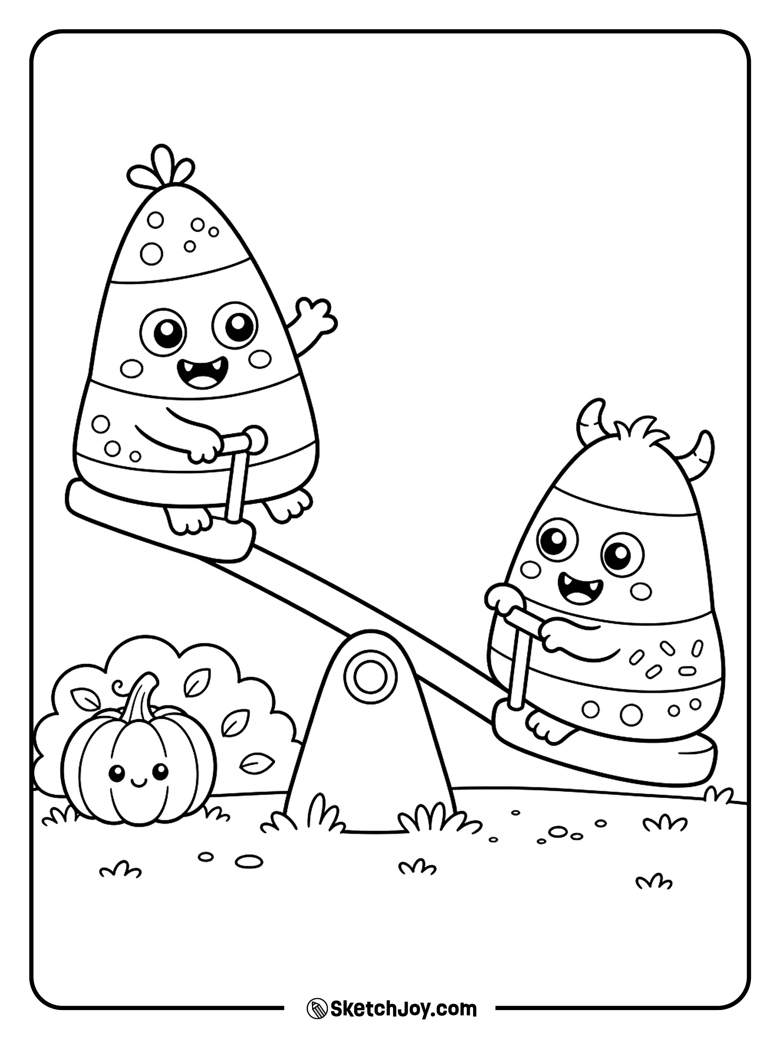 Two candy corn monsters take turns rising and falling on a little seesaw.