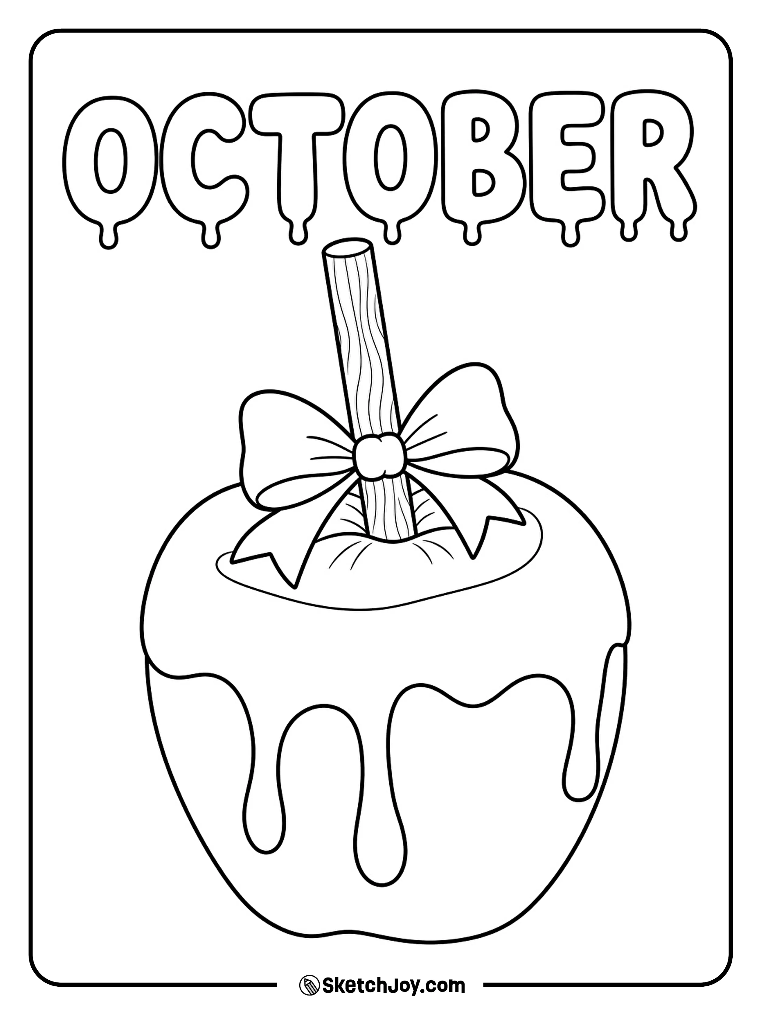 A caramel apple wears a small bow on its stick beside letters with soft drips.