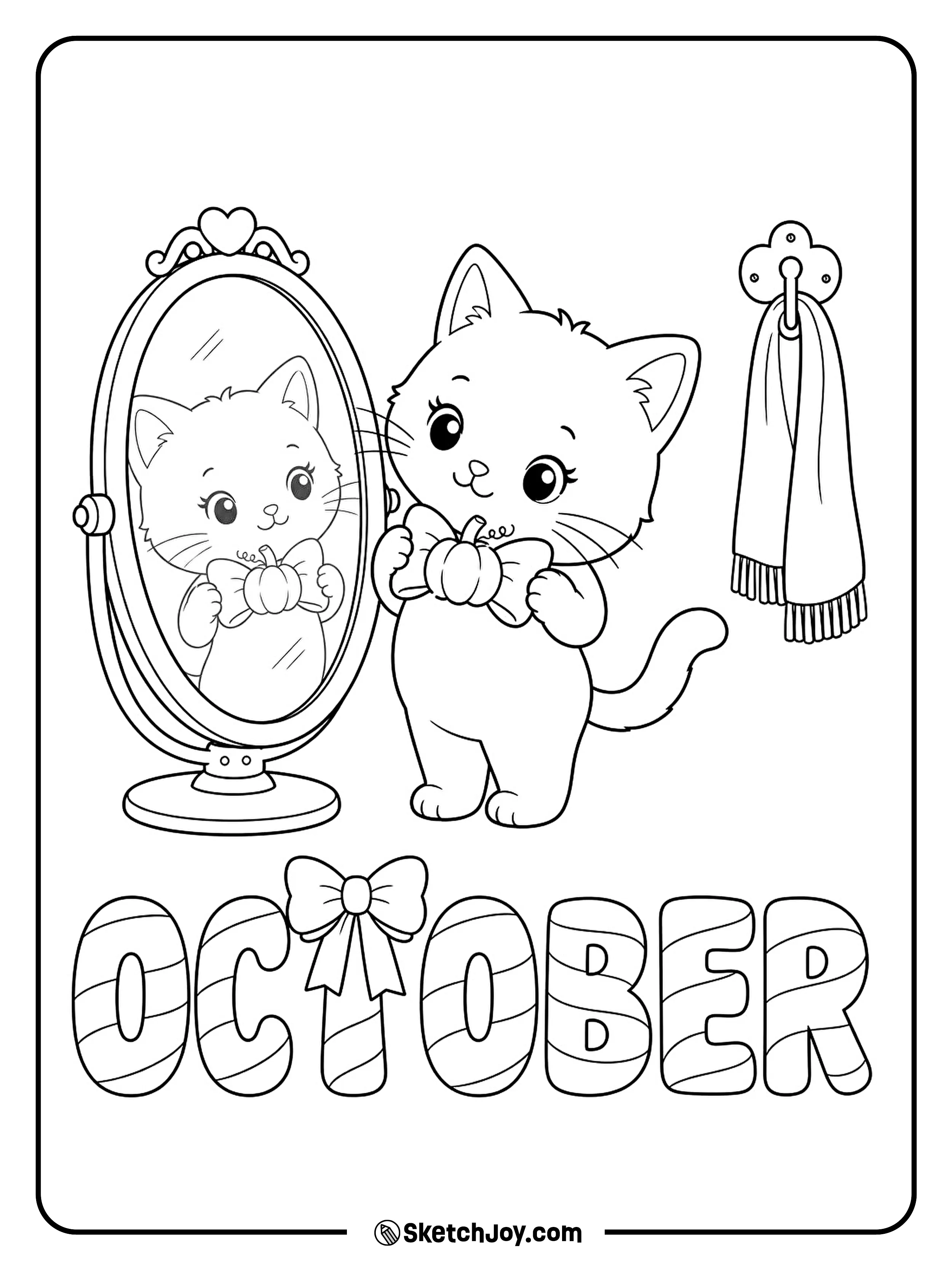 A cat checks its pumpkin bow in a mirror before a Halloween party.