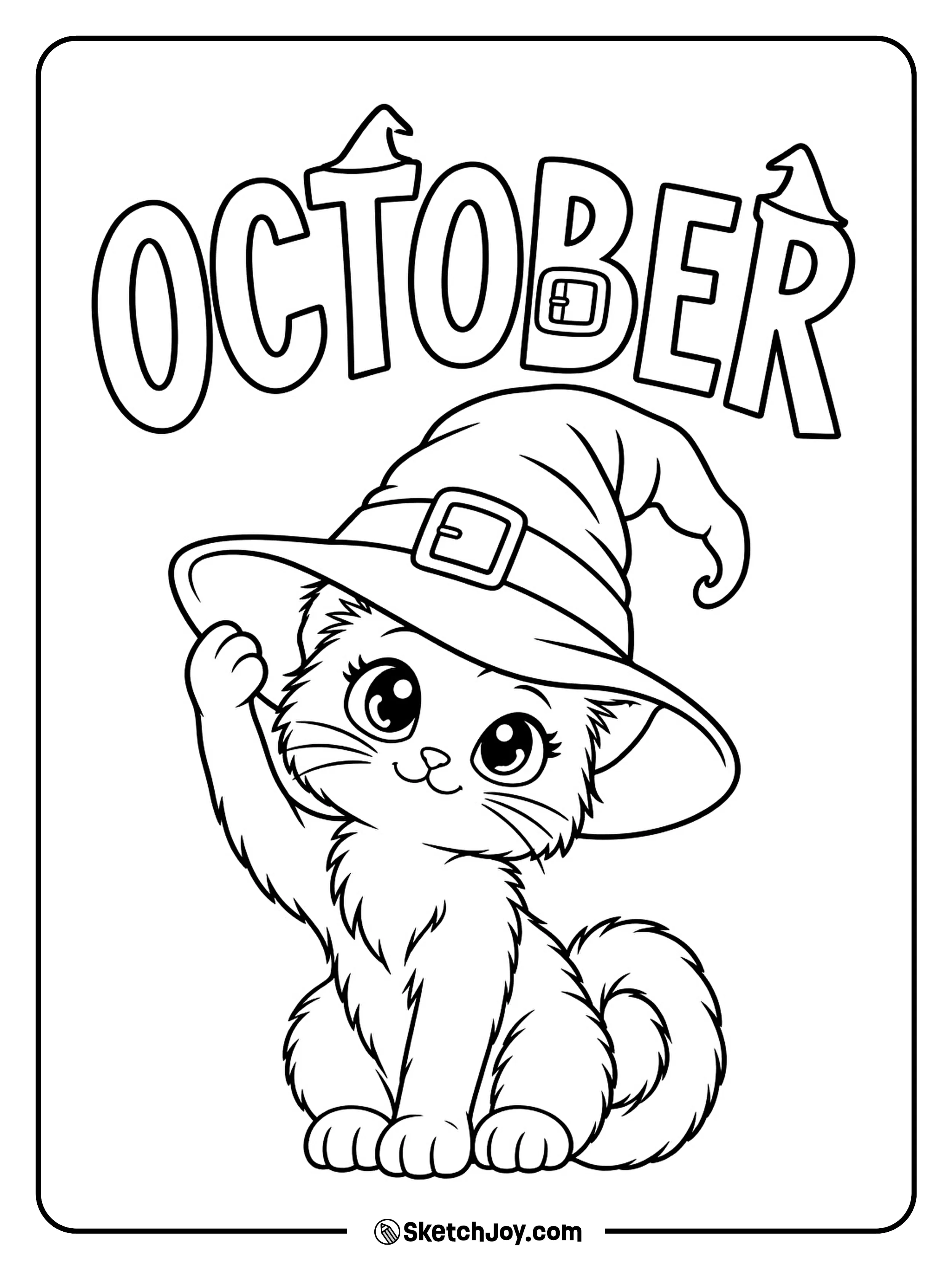 A curious cat looks out from under a witch hat with a very floppy brim.