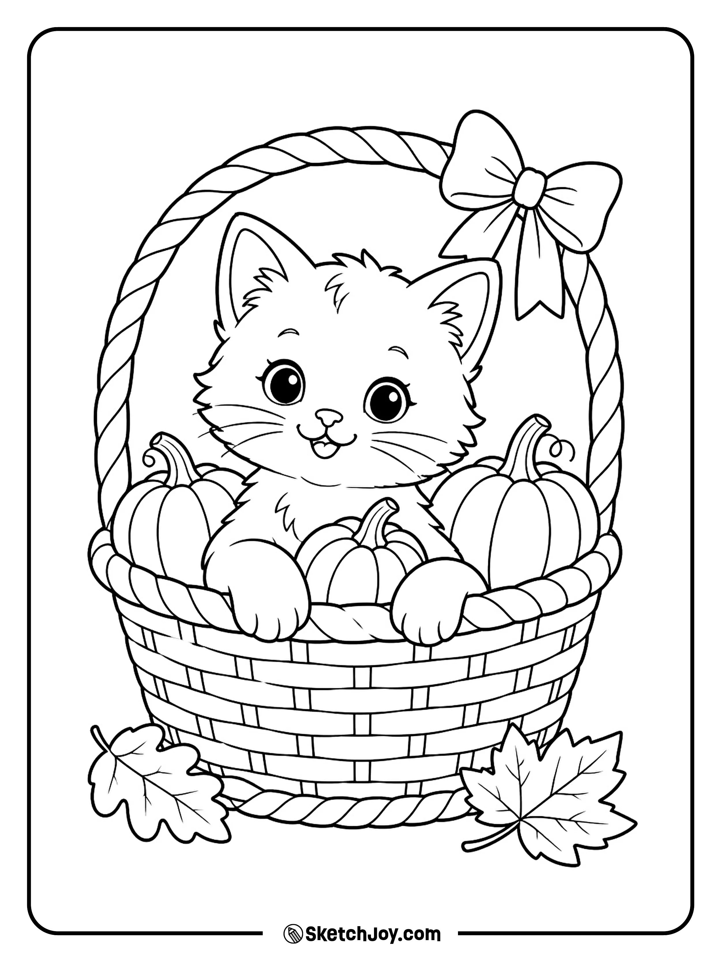 A curious kitten peeks out from a basket filled with small pumpkins.