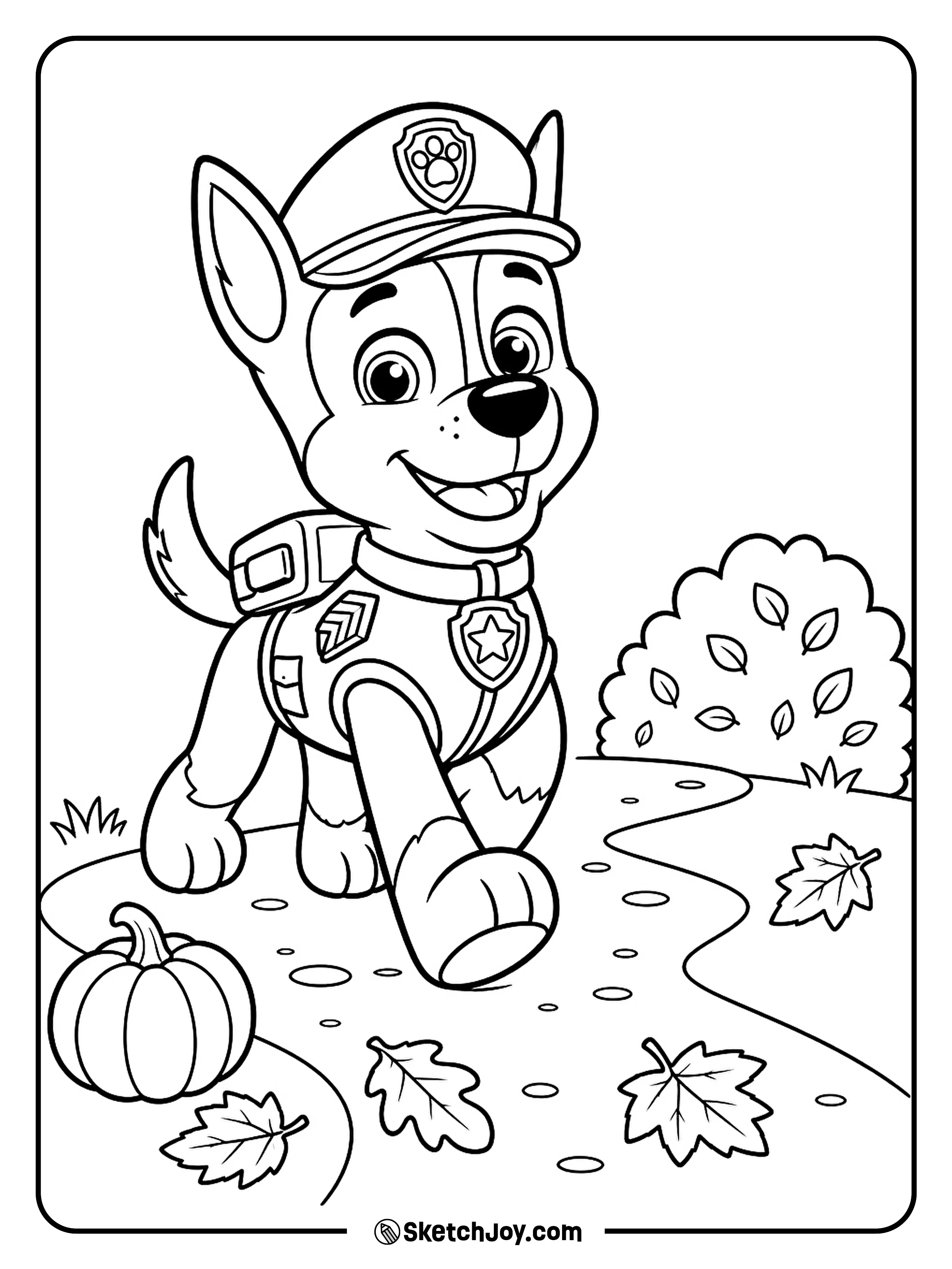 Chase proudly walks through leaves on a crisp autumn day.