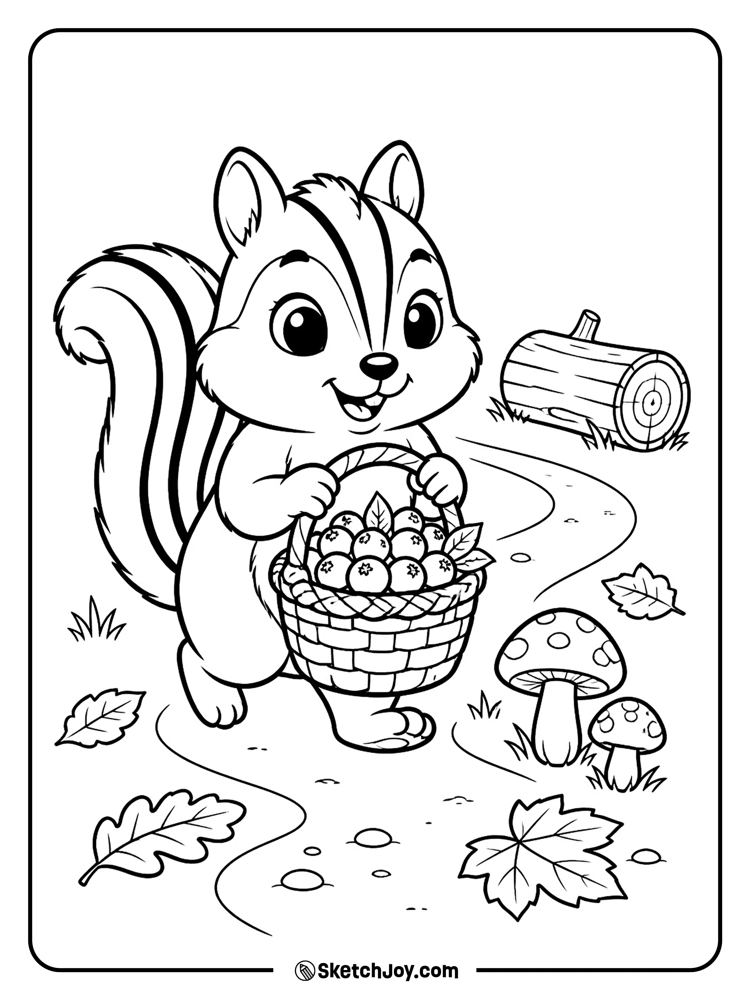 A tiny chipmunk carries a basket of berries along a woodland path.