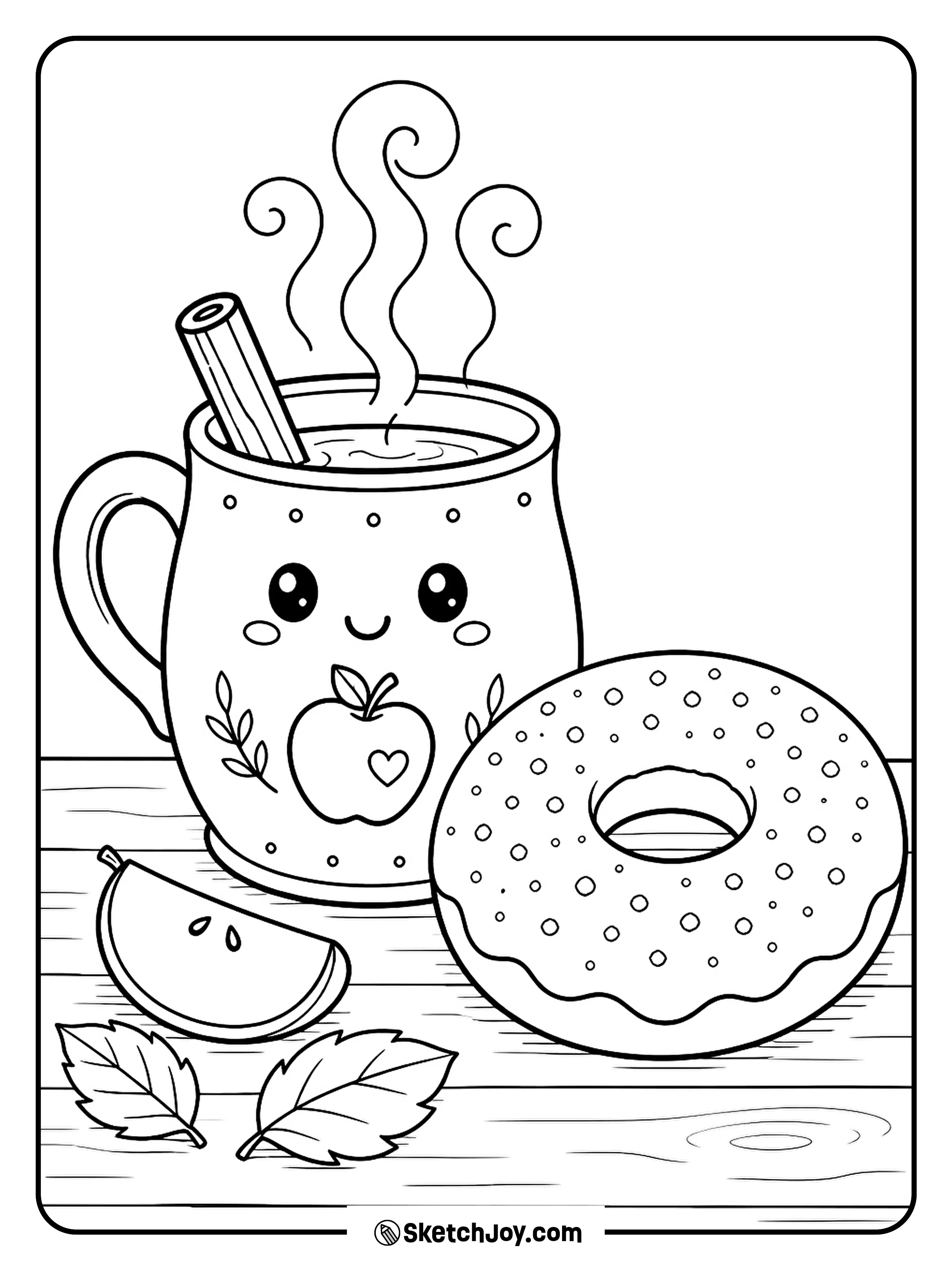 A warm cup of apple cider sits beside a sweet cinnamon donut.