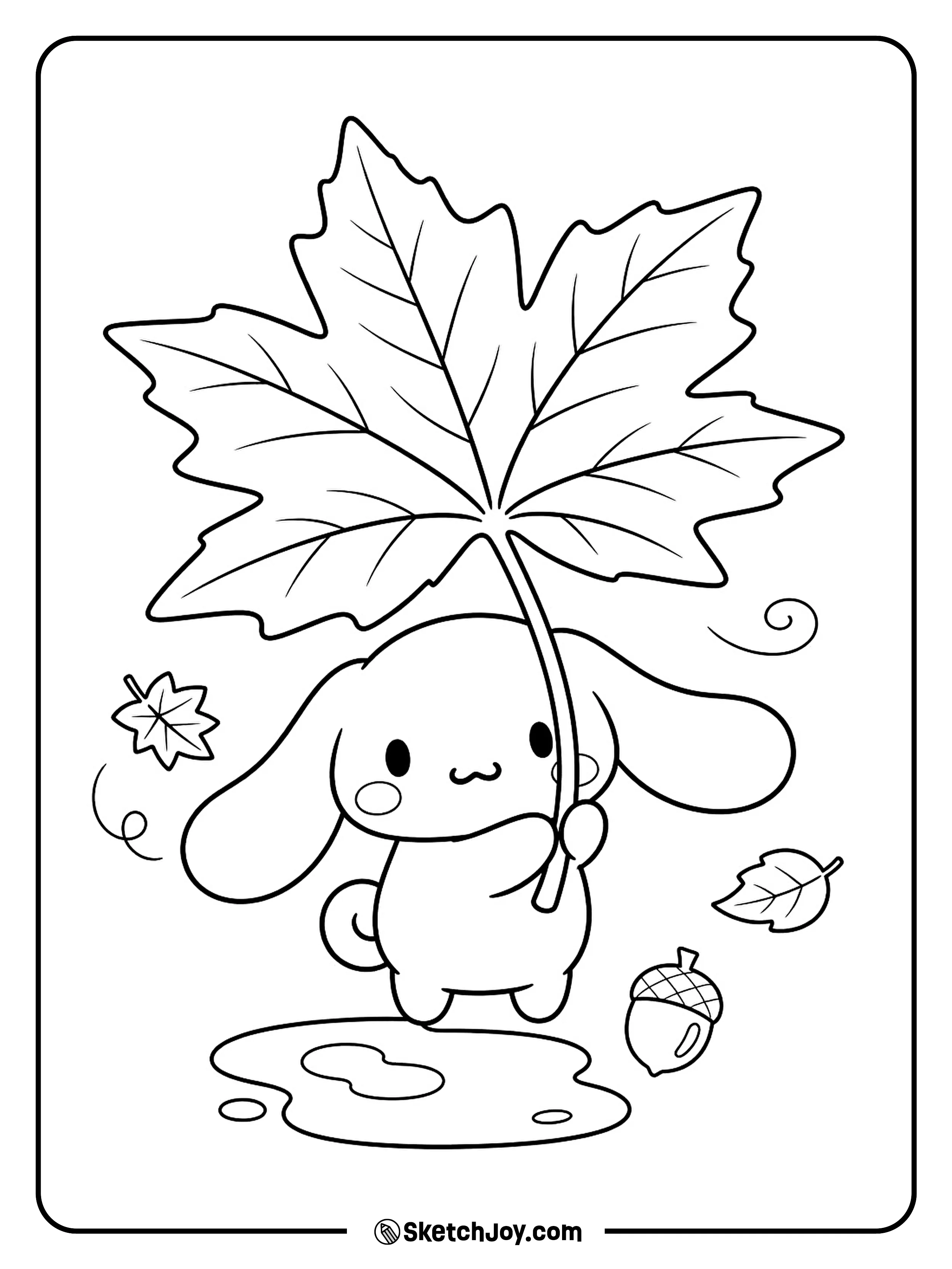 Cinnamoroll holds a large leaf like an umbrella on a breezy fall day.