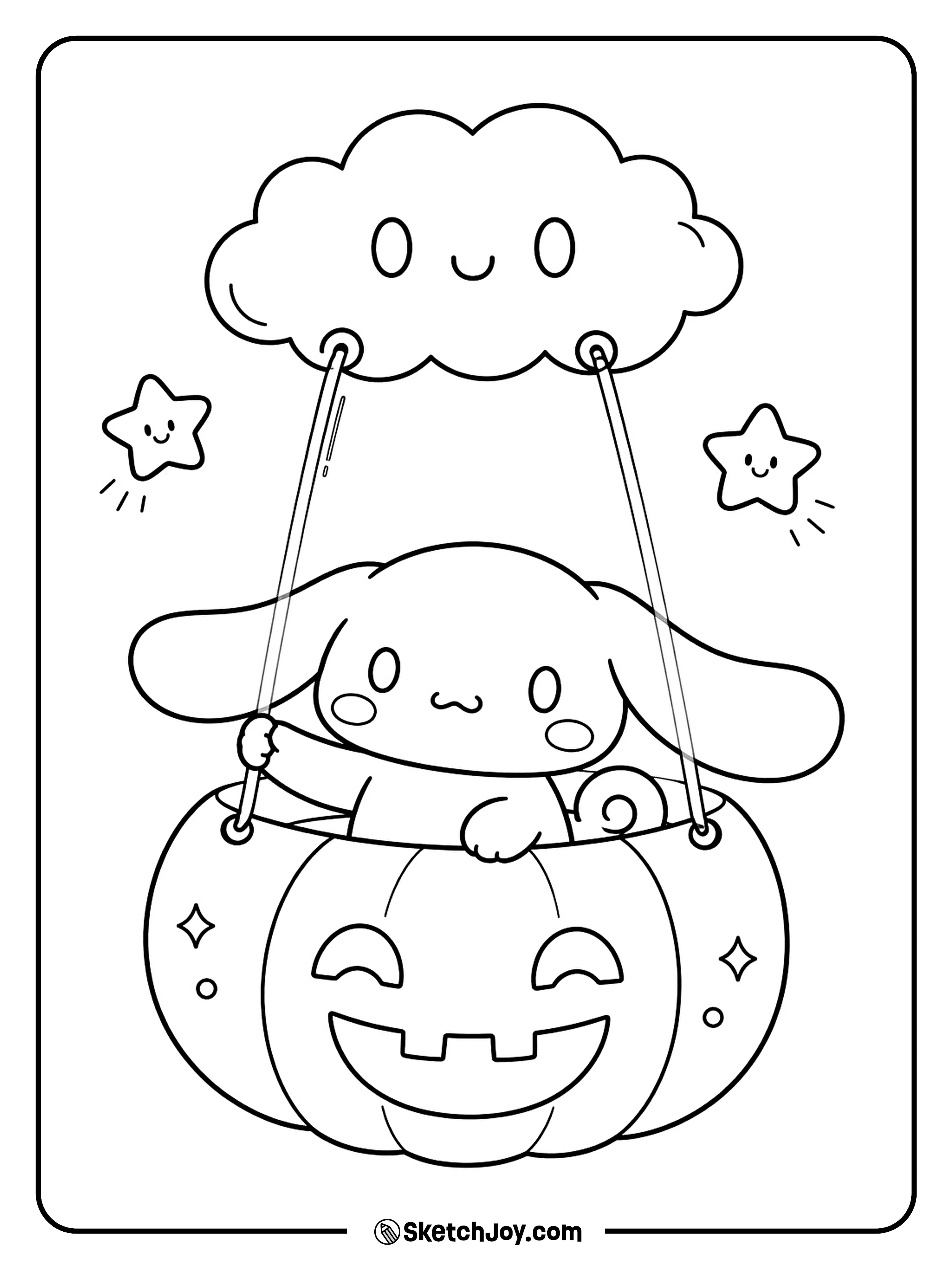 Cinnamoroll sways in a pumpkin swing hanging from a soft cloud.