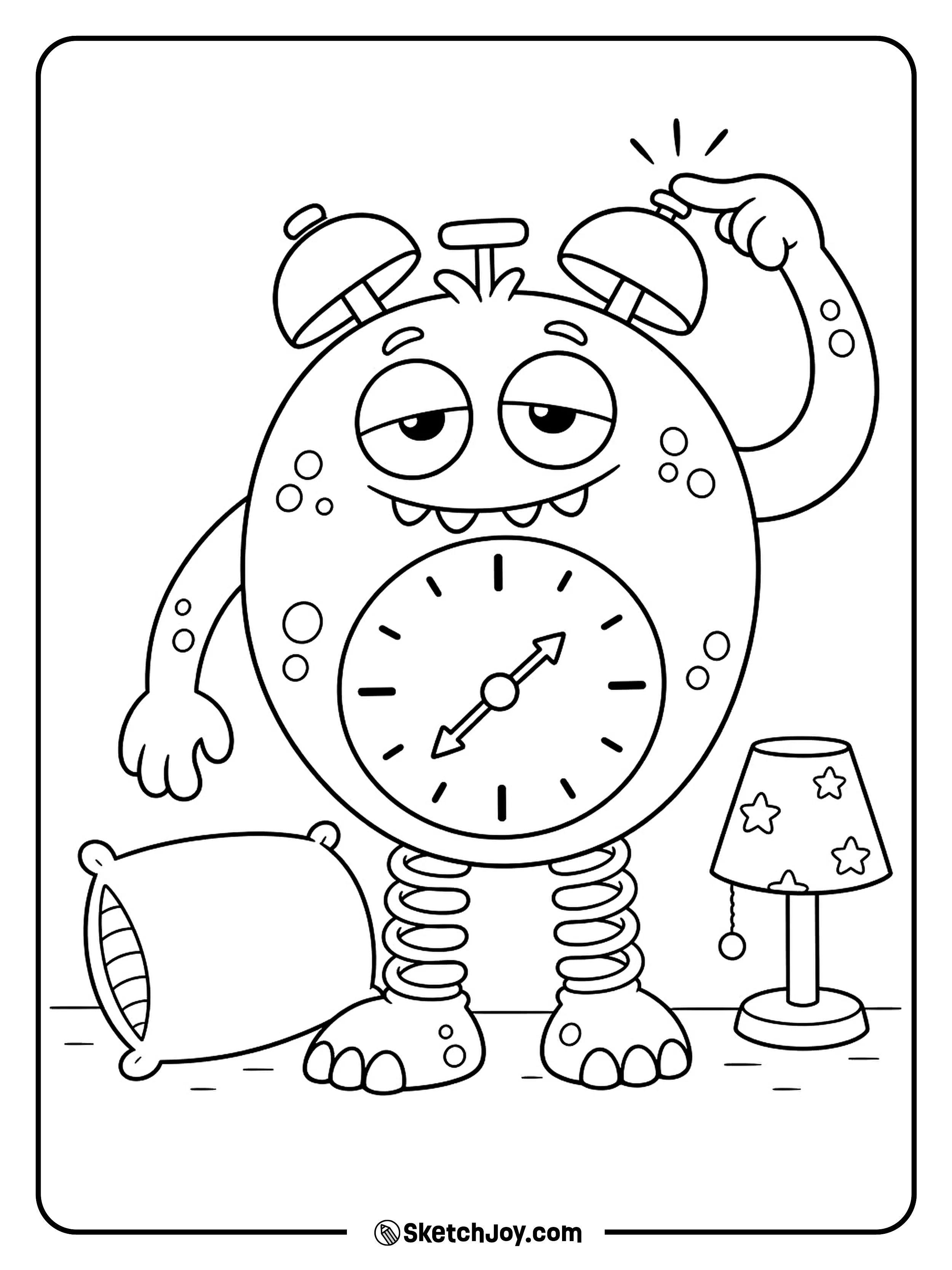 A sleepy clock monster reaches up to stop the bell on its head.