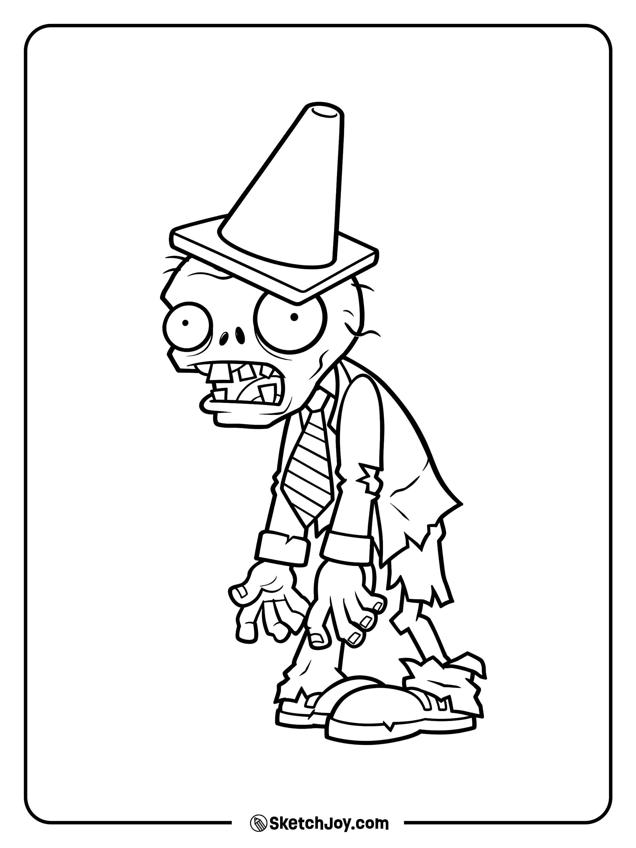 Conehead Zombie stands in a torn suit with a striped tie and tall traffic cone.