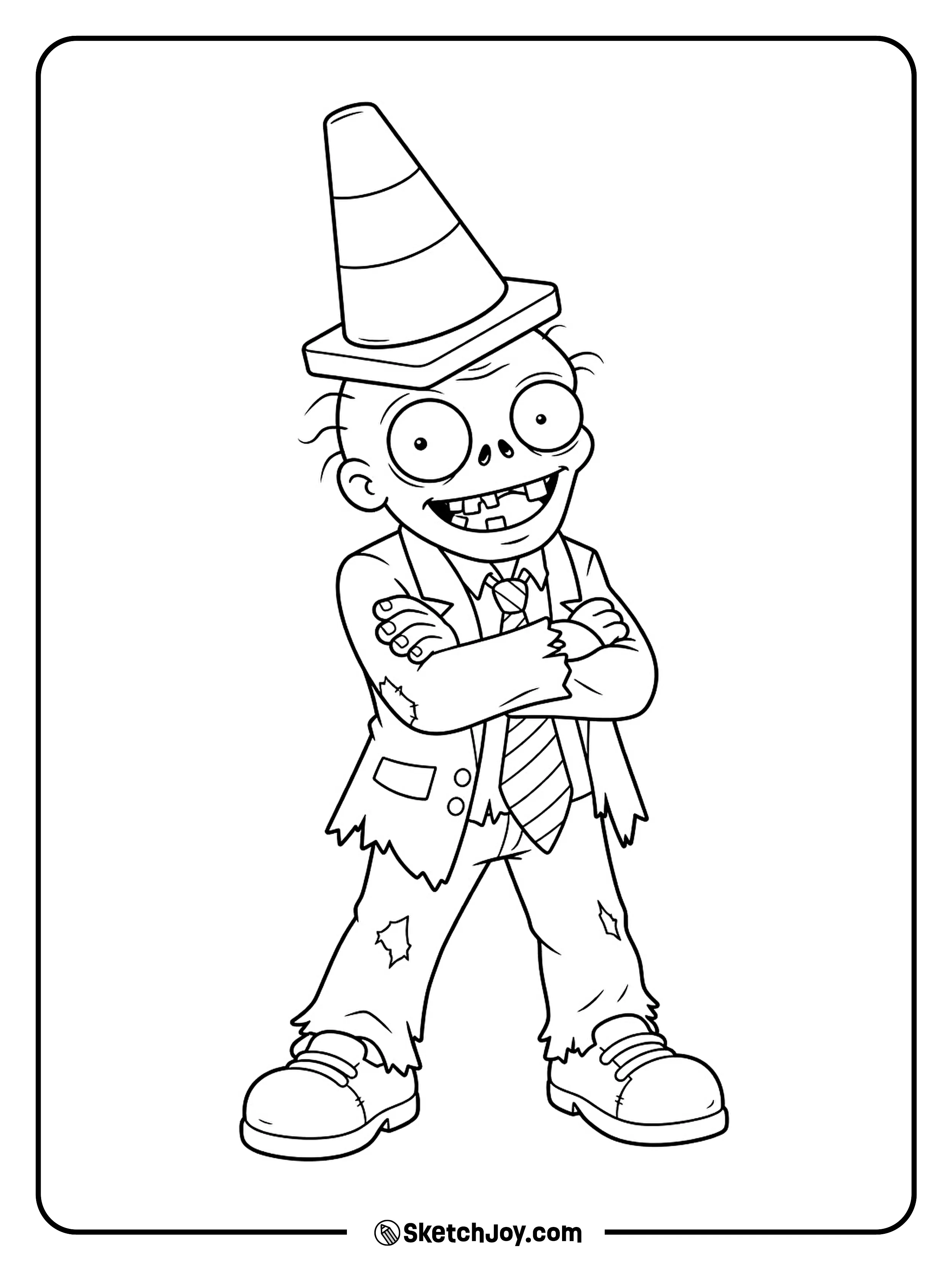 Conehead Zombie folds his arms beneath his tall traffic-cone hat.