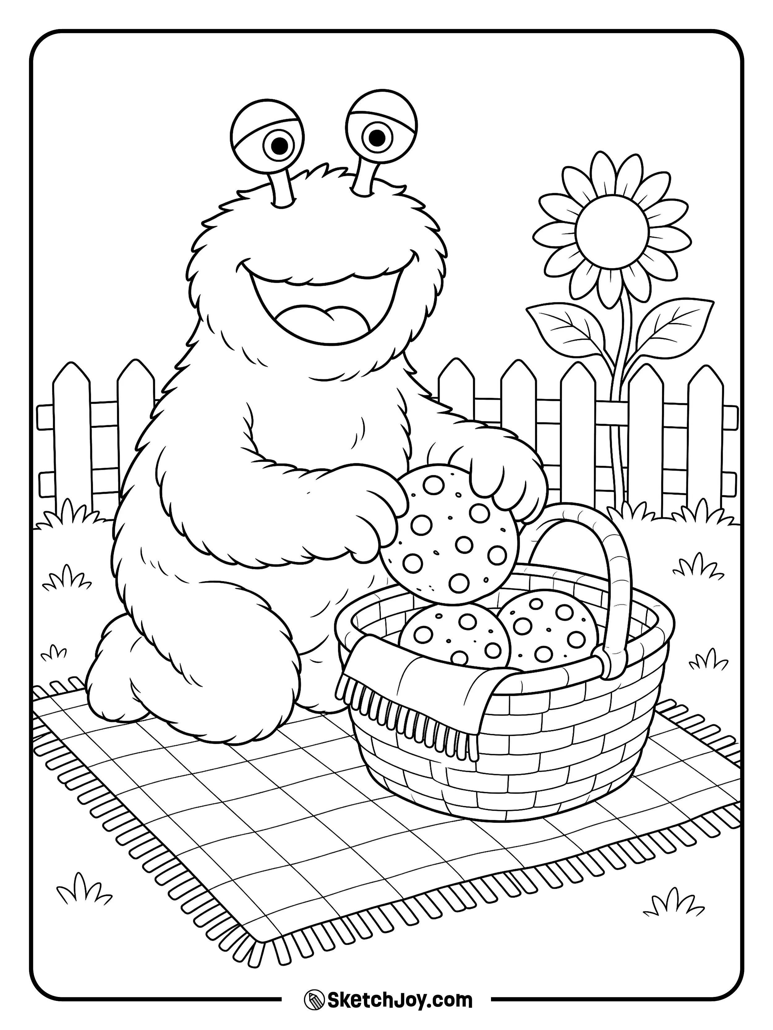 Cookie Monster packs cookies for a picnic beside one giant sunflower.
