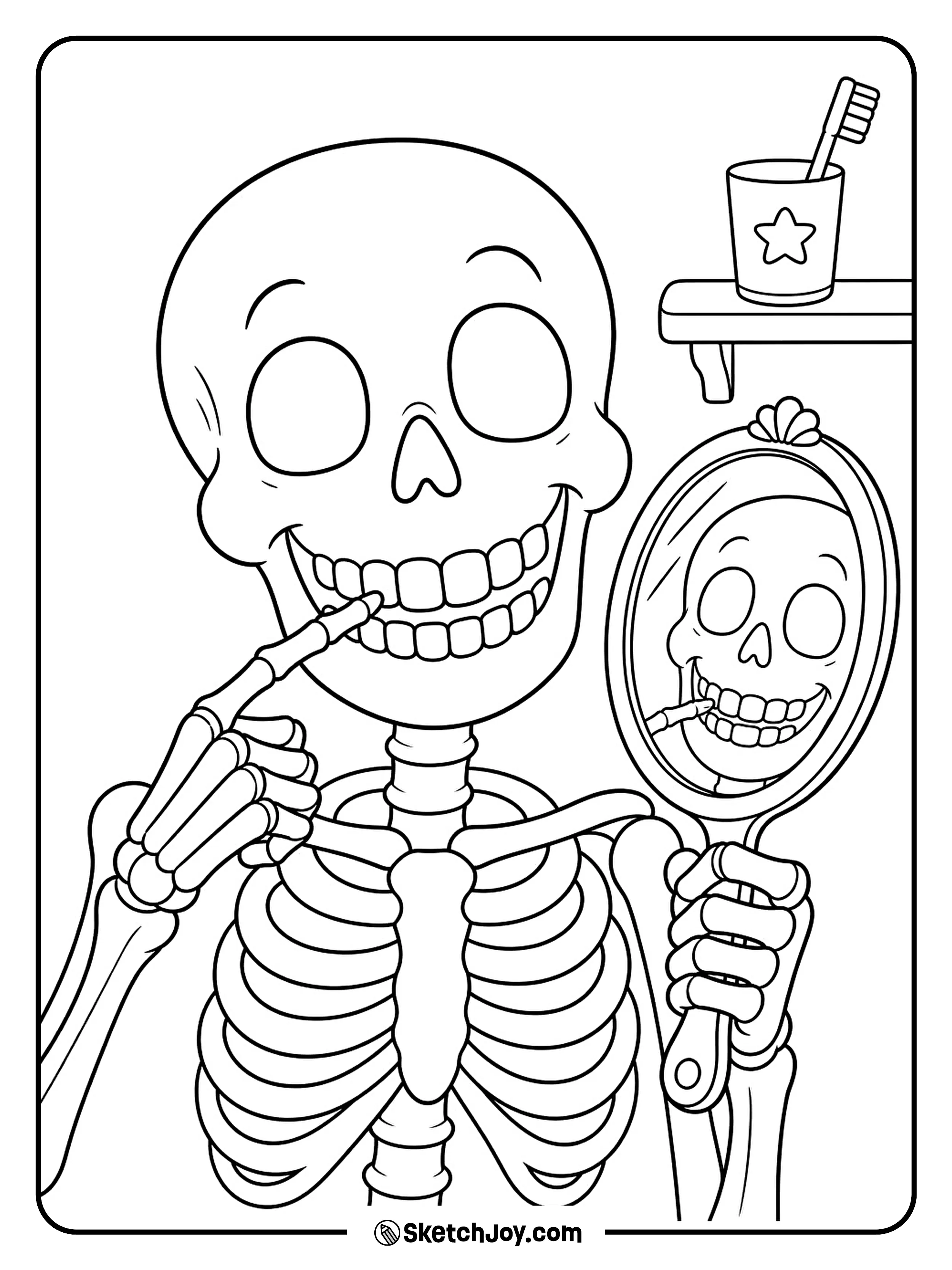 A skeleton checks its toothy grin in a hand mirror beside a bathroom shelf.