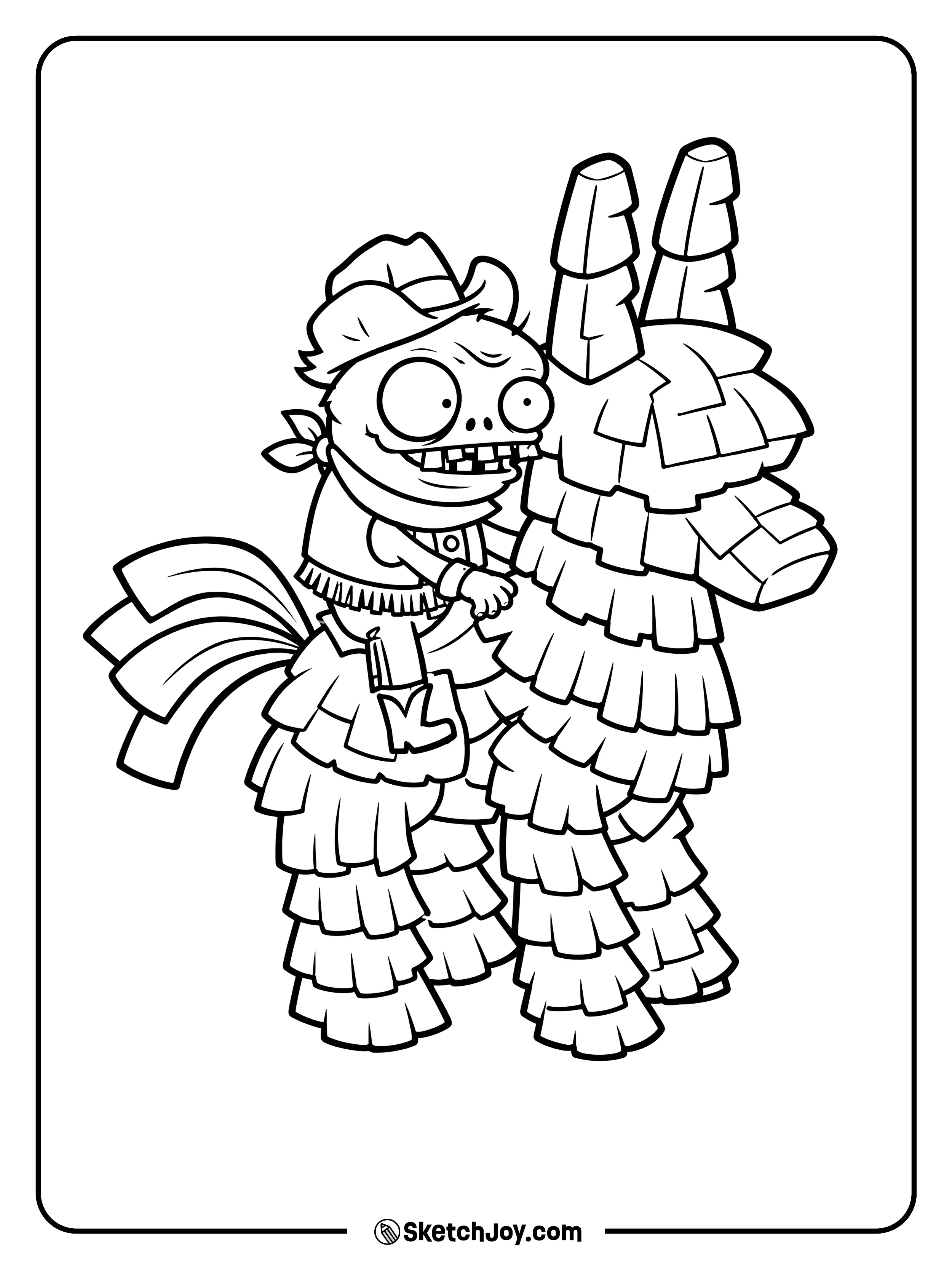 A smiling cowboy zombie holds a large llama piñata while dressed in a fringed outfit.