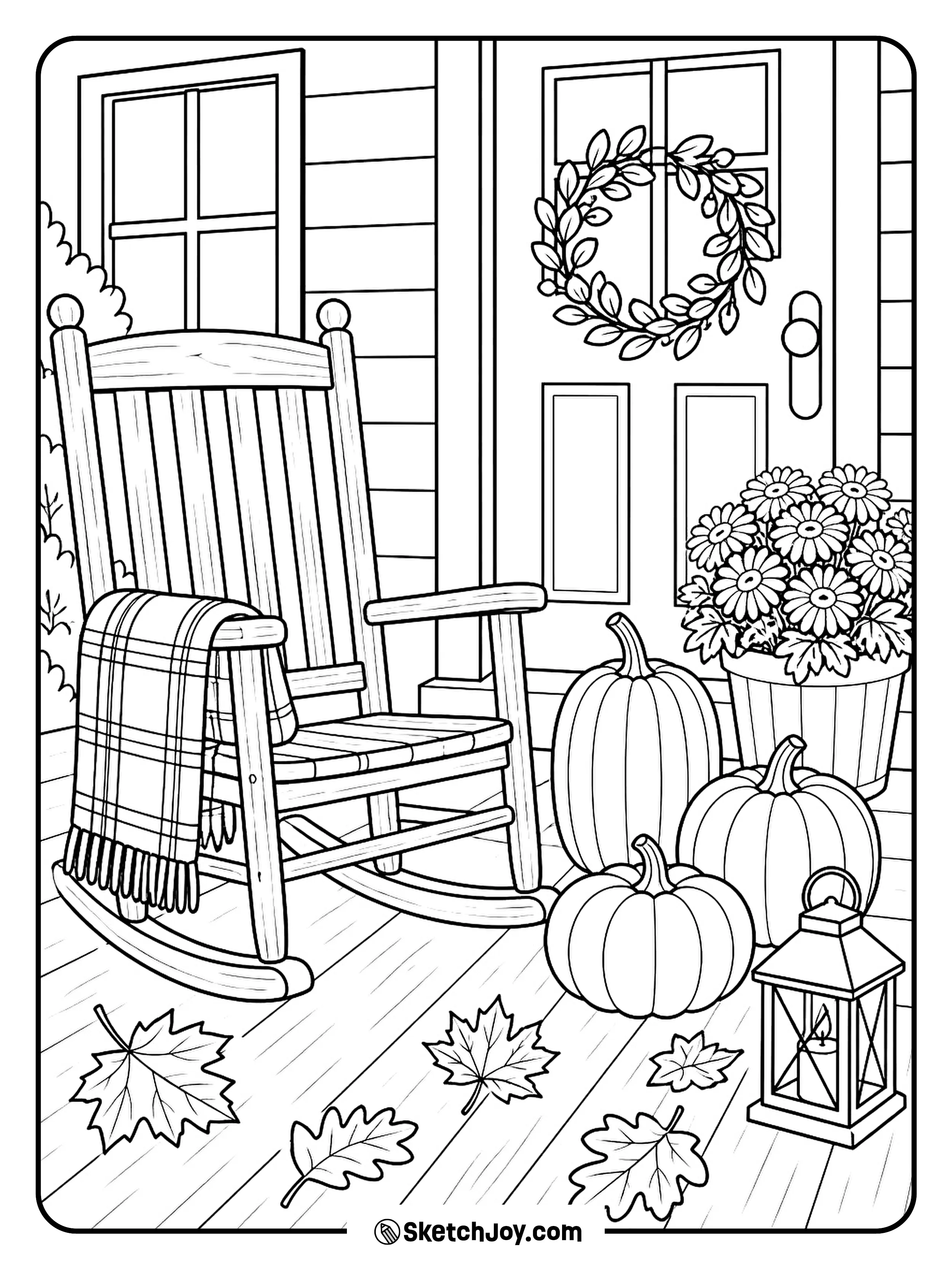 A peaceful porch has a chair, blanket, pumpkins, and autumn plants.