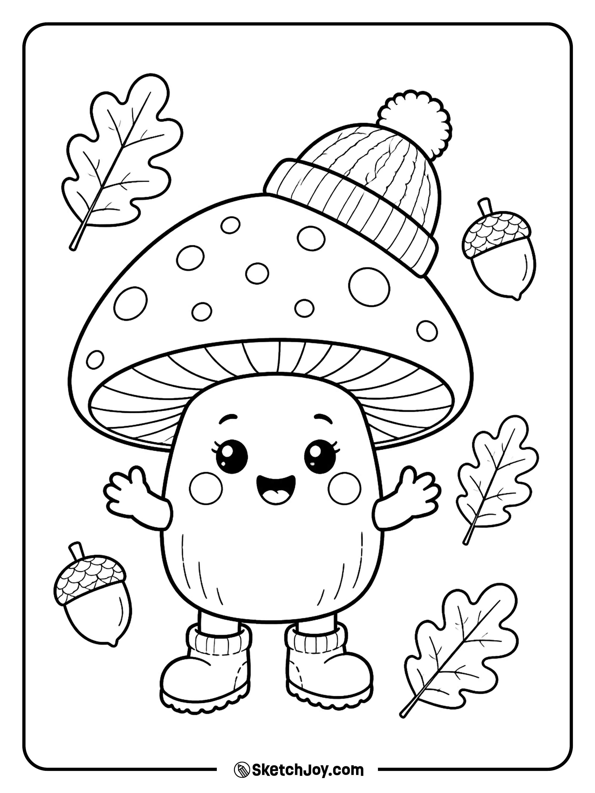 A cute mushroom wears a tiny hat while leaves float past.